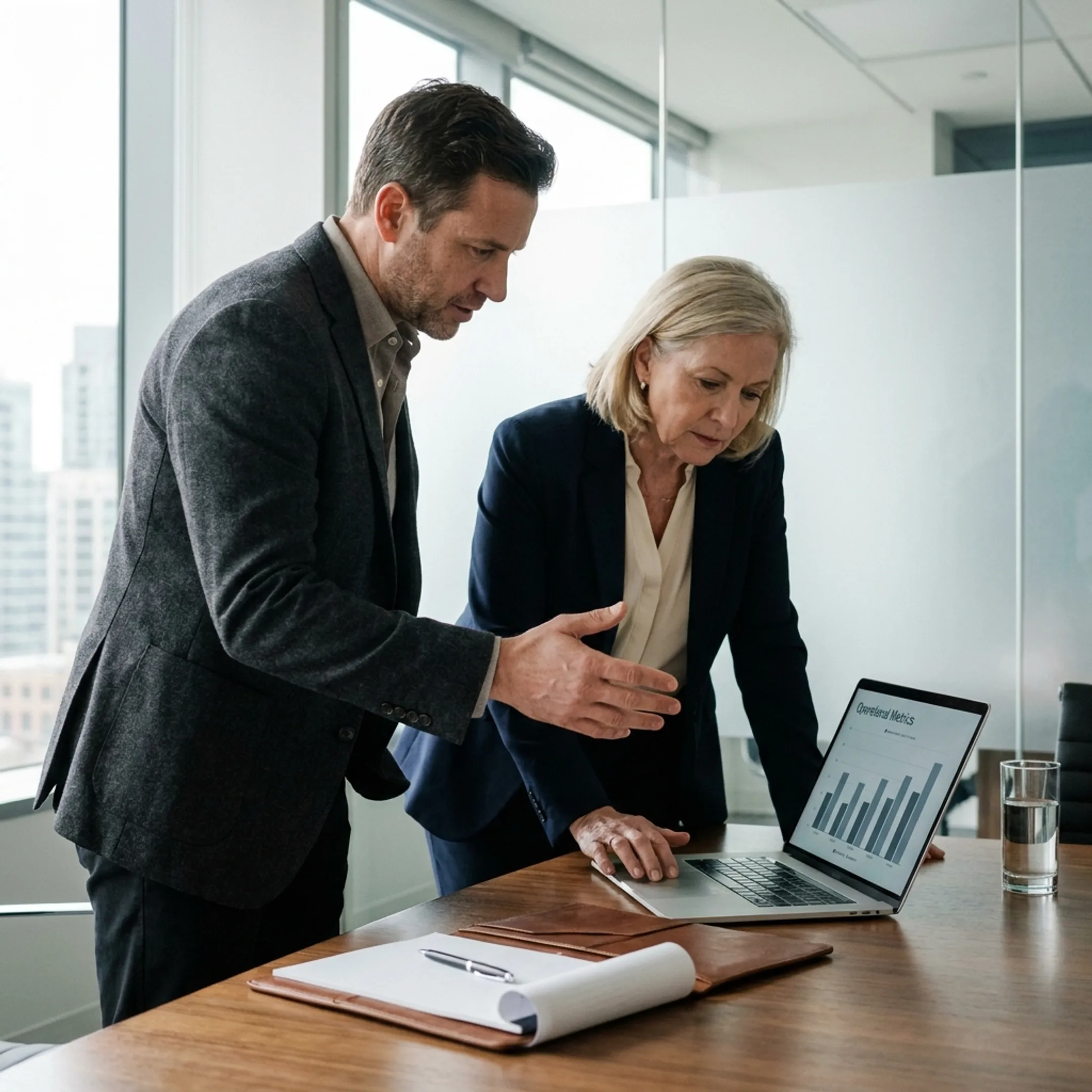 Executive coach mentoring a business director in an executive office