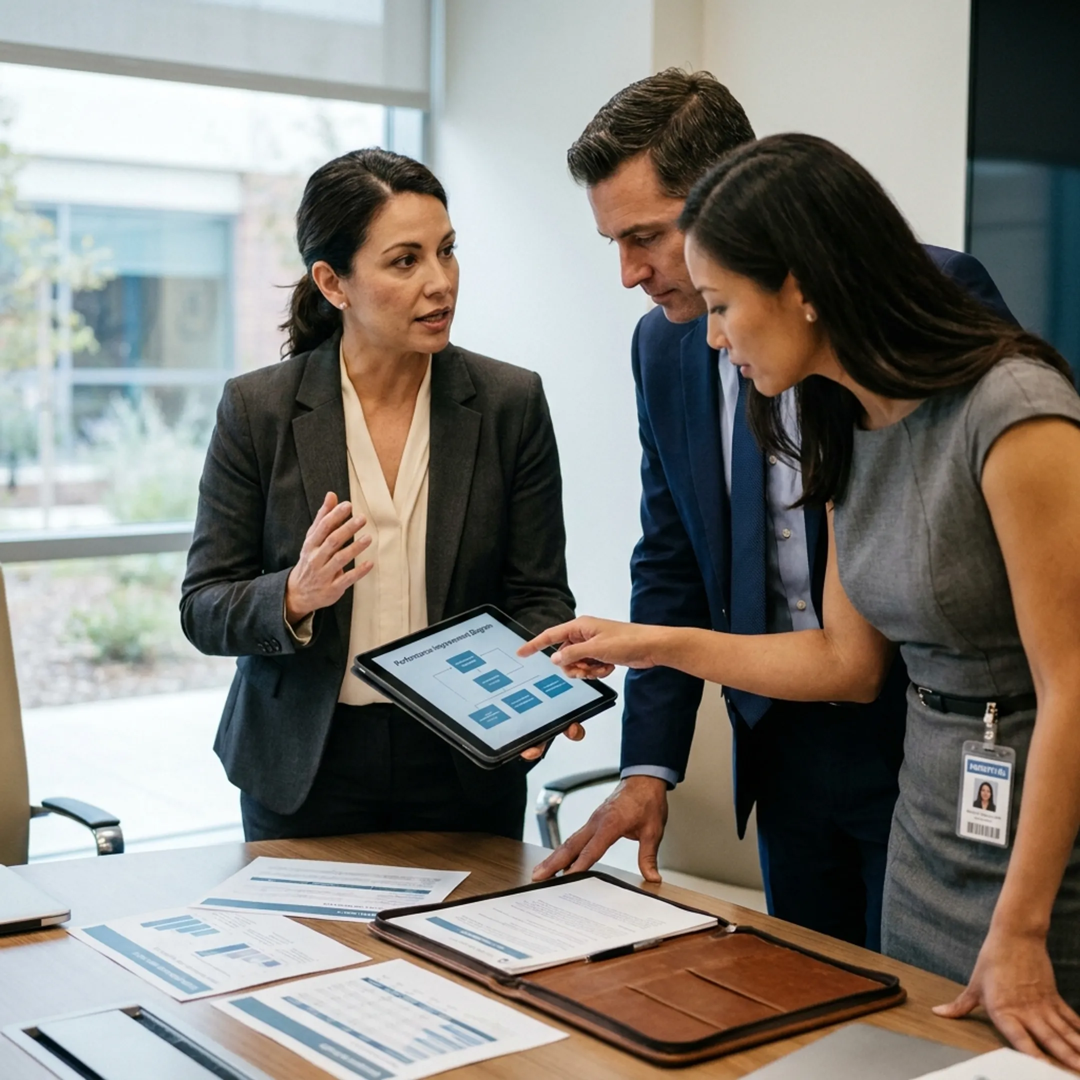 Healthcare optimization partners reviewing strategic operational metrics and hospital efficiency blueprints