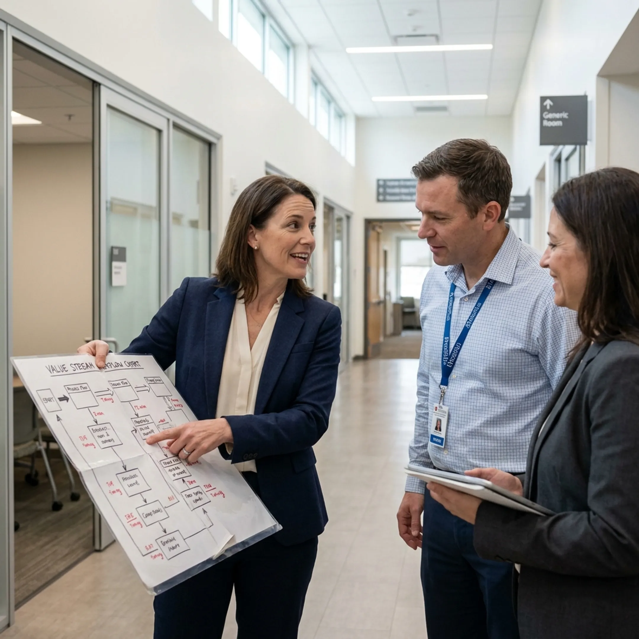 Healthcare team working with process improvement maps on a hospital floor