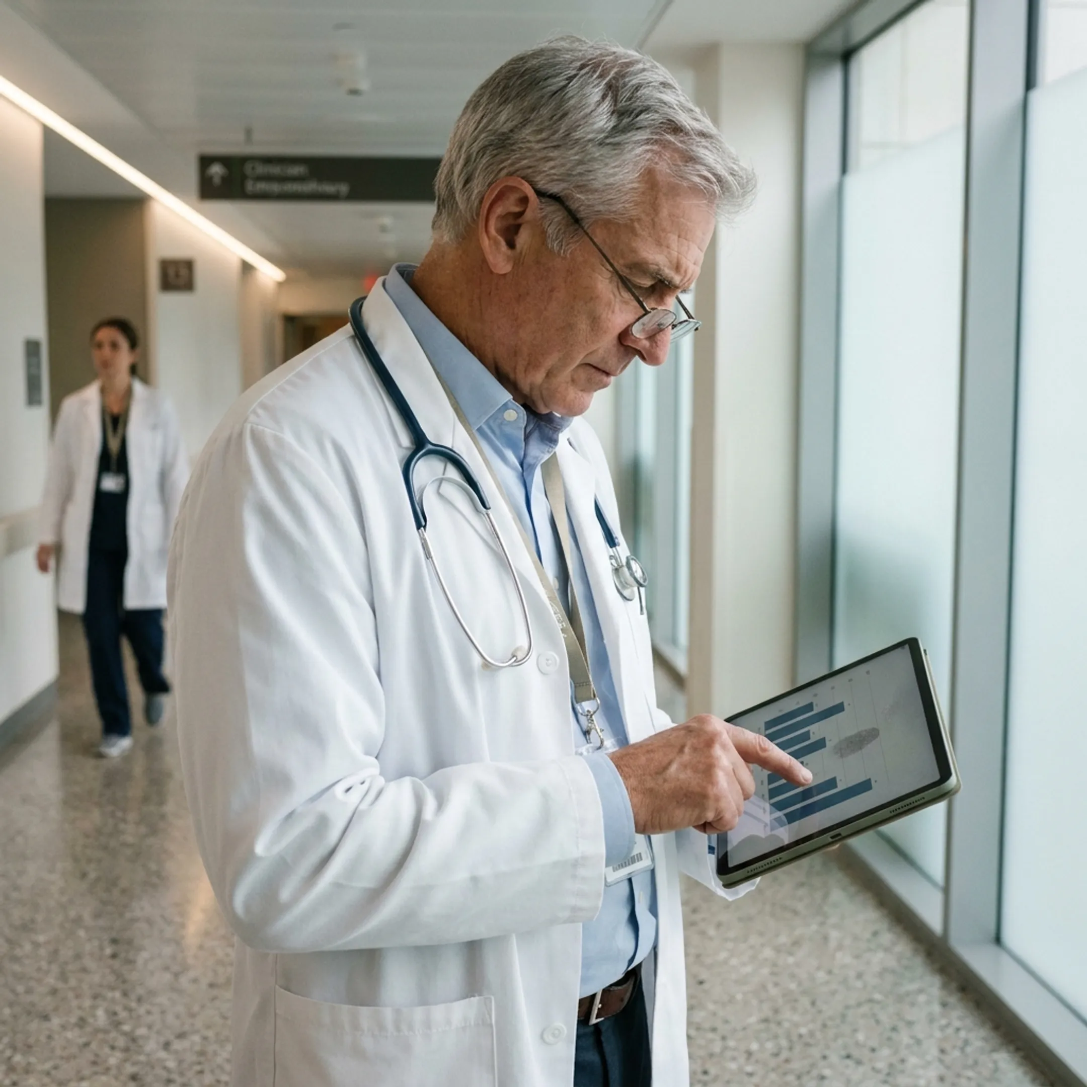 Physician executive reviewing operational performance metrics on a digital tablet