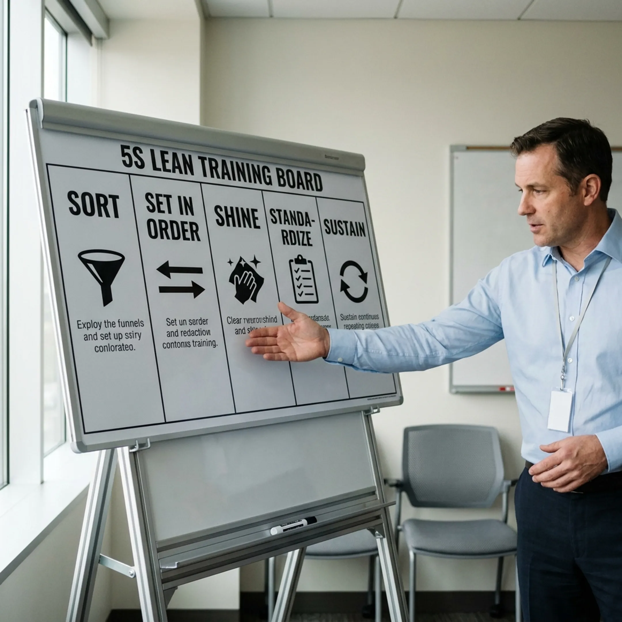 Diagram showing the five stages of 5S workplace organization methodology