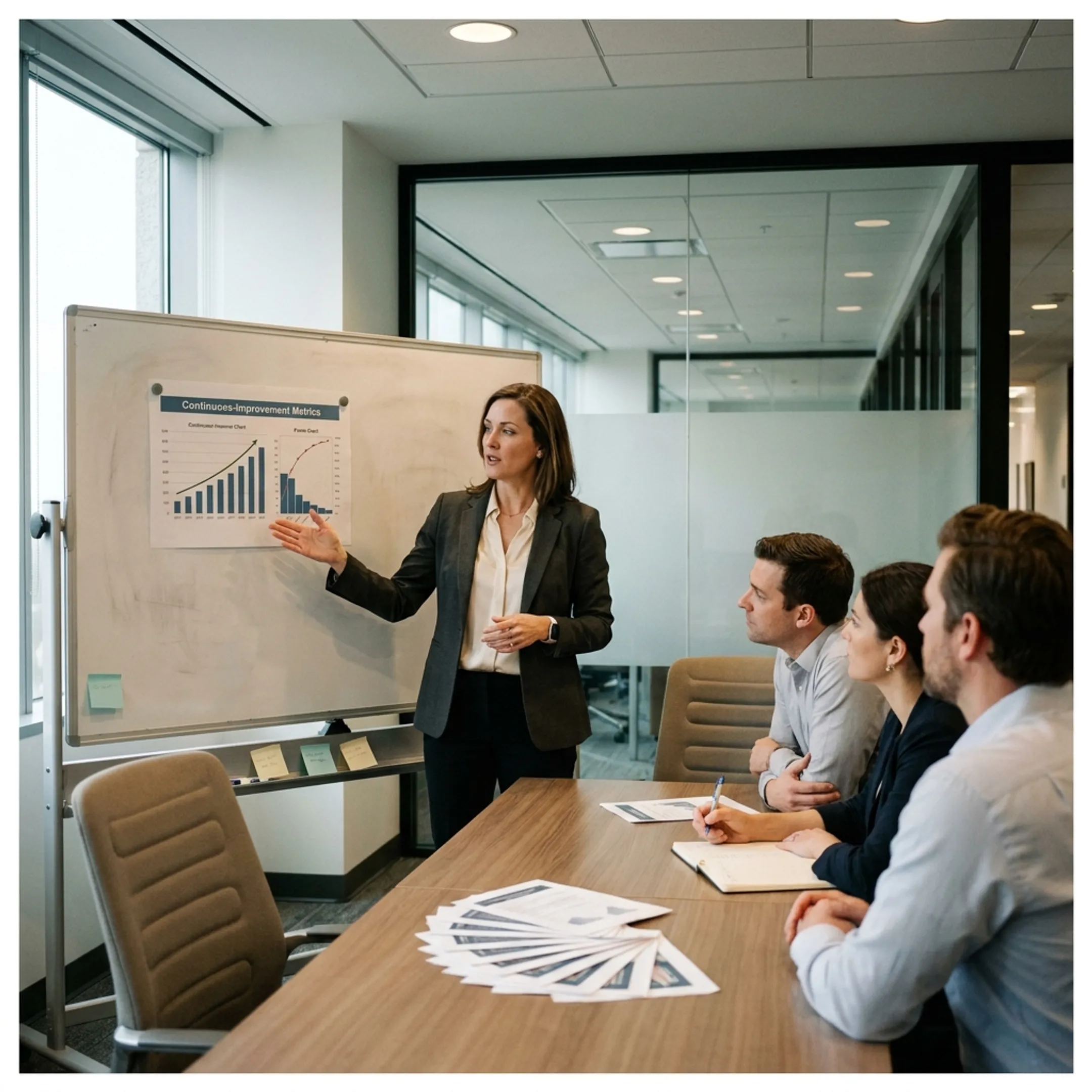 Woman executive presenting strategic operational improvements to a leadership team