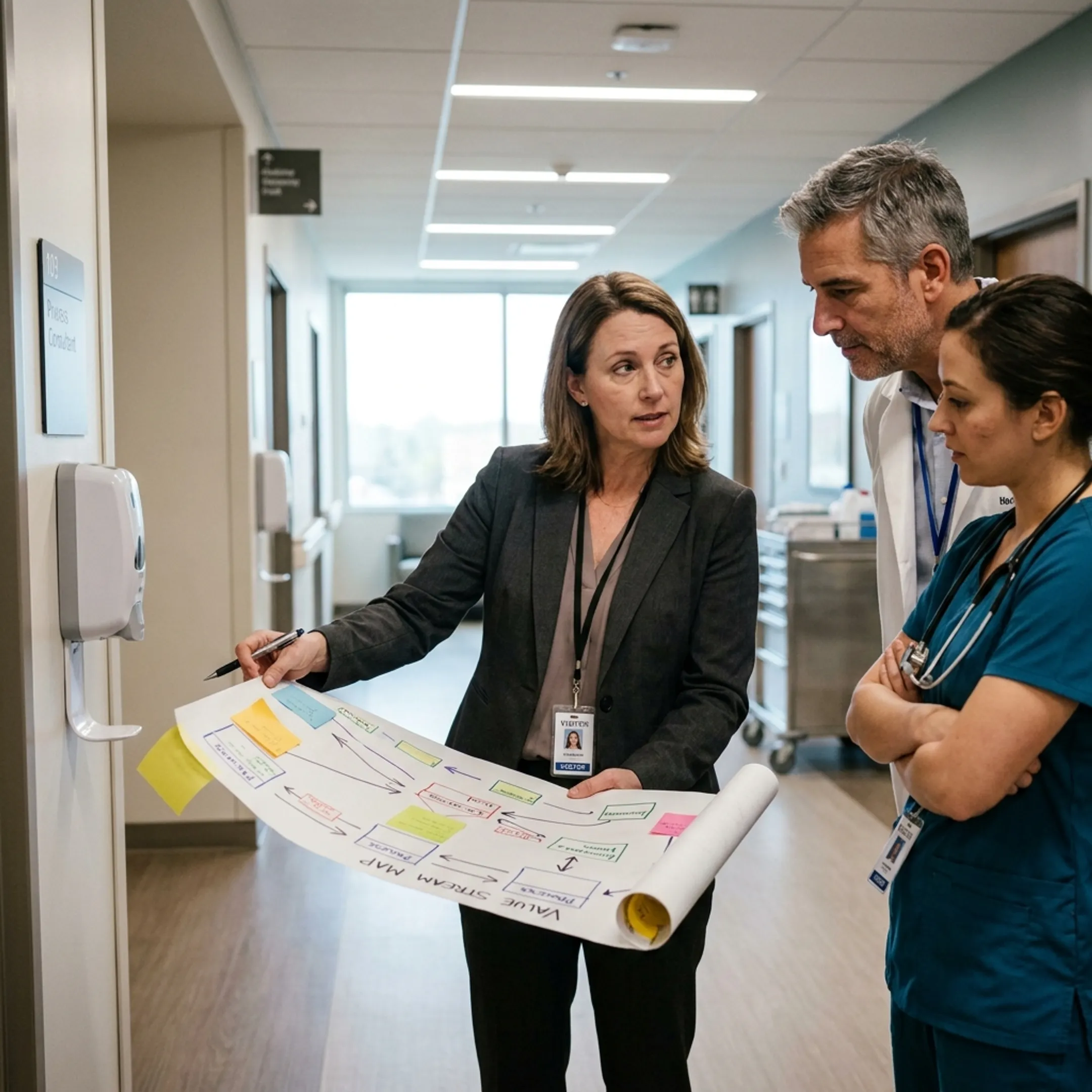 Healthcare team mapping clinical care processes during an operational improvement session