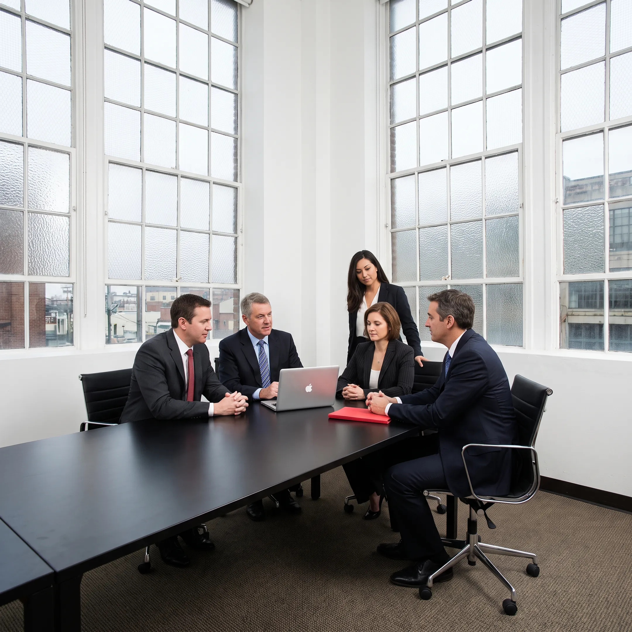 Consultants reviewing restructured business workflows and operational metrics