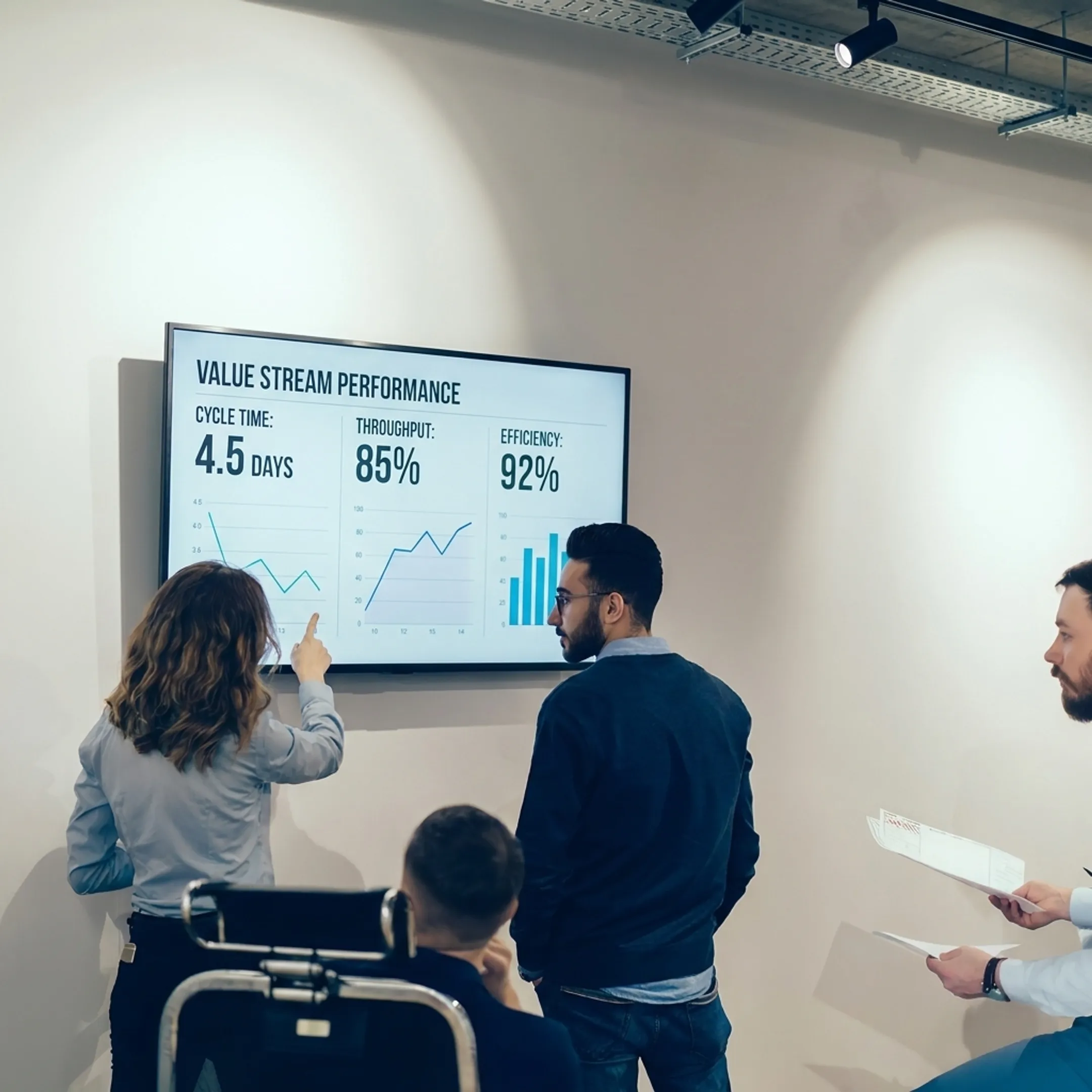 Operations consultant explaining a value stream map to executive team members