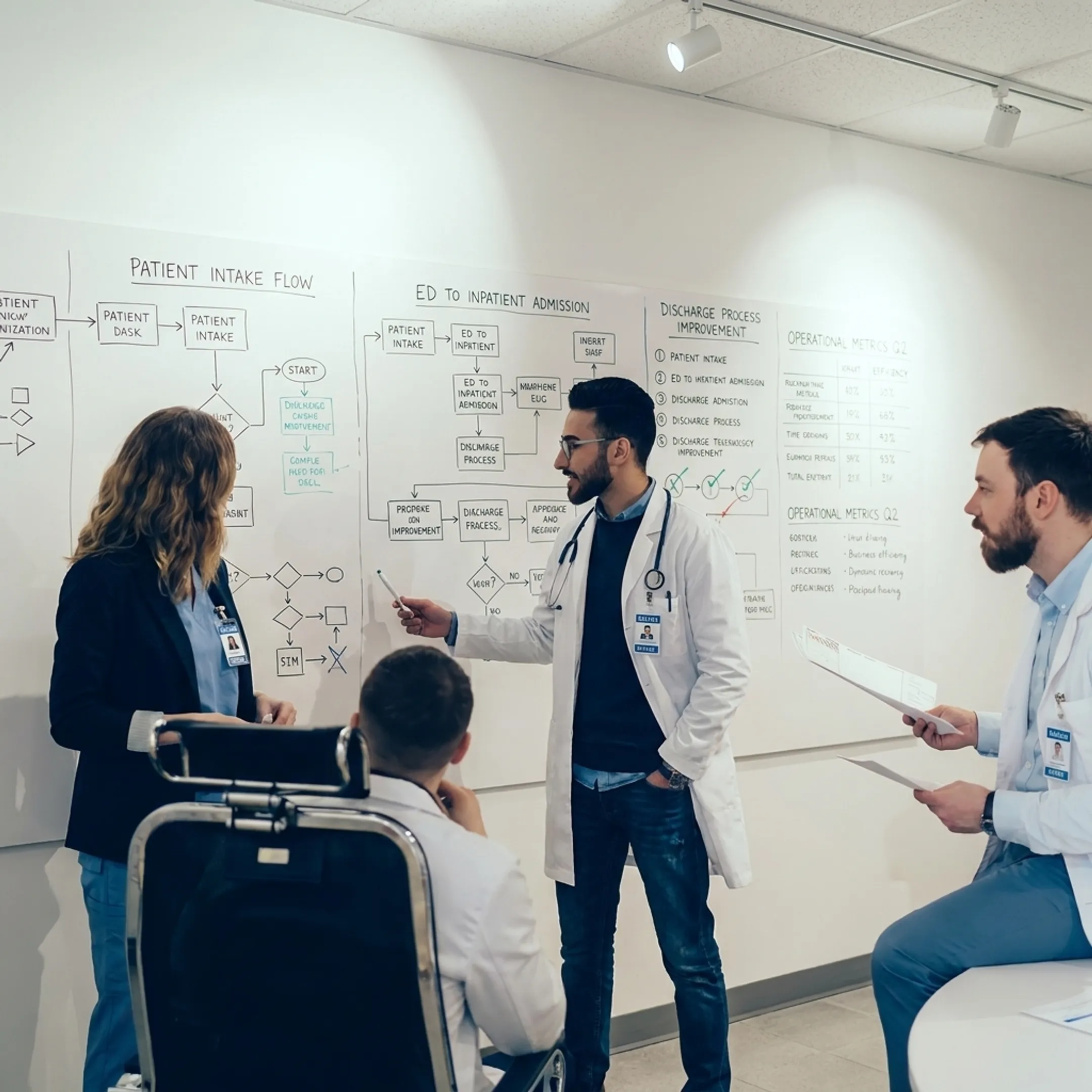 Healthcare consultants analyzing hospital value streams and operational flow charts.