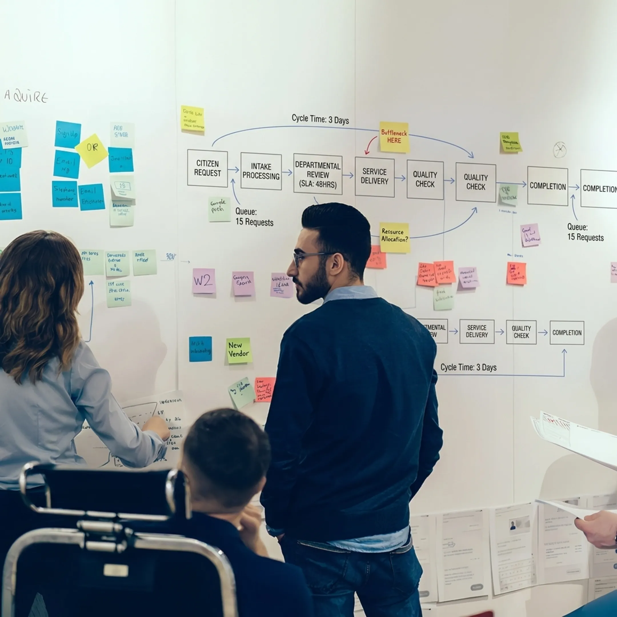 Consultant analyzing public sector process maps and performance metrics