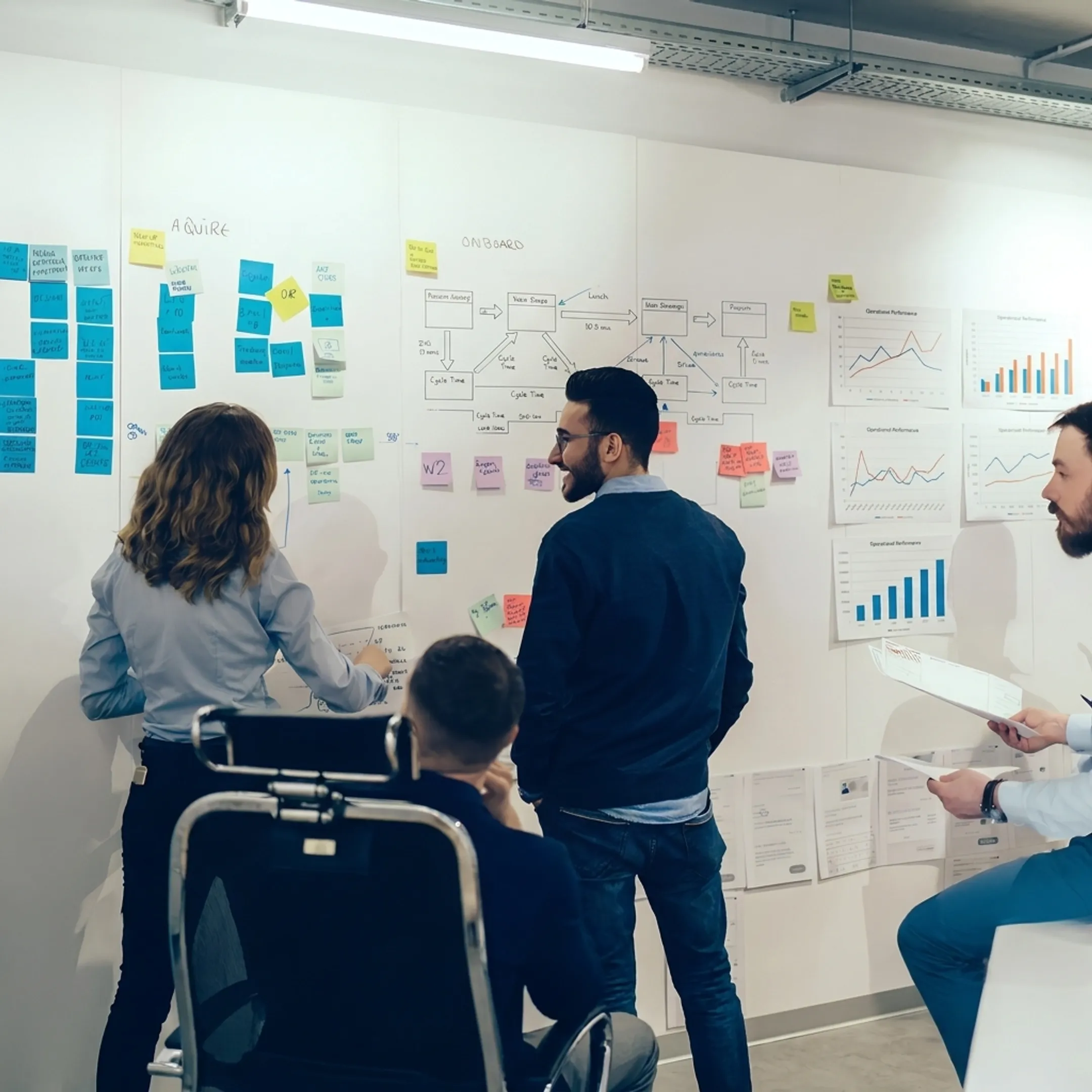Business leaders analyzing operational workflow diagrams during a consulting session