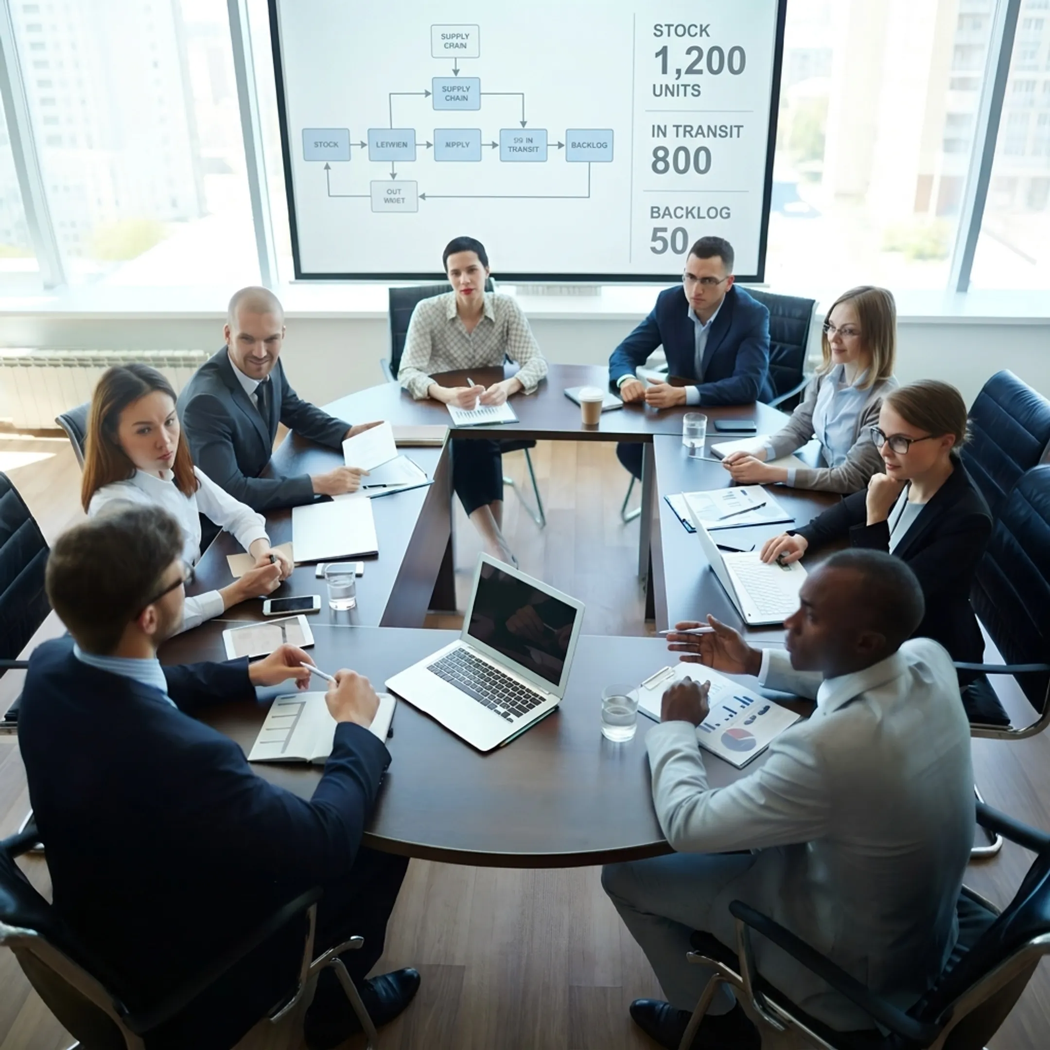 Supply chain consultant presenting workflow improvements to executive management
