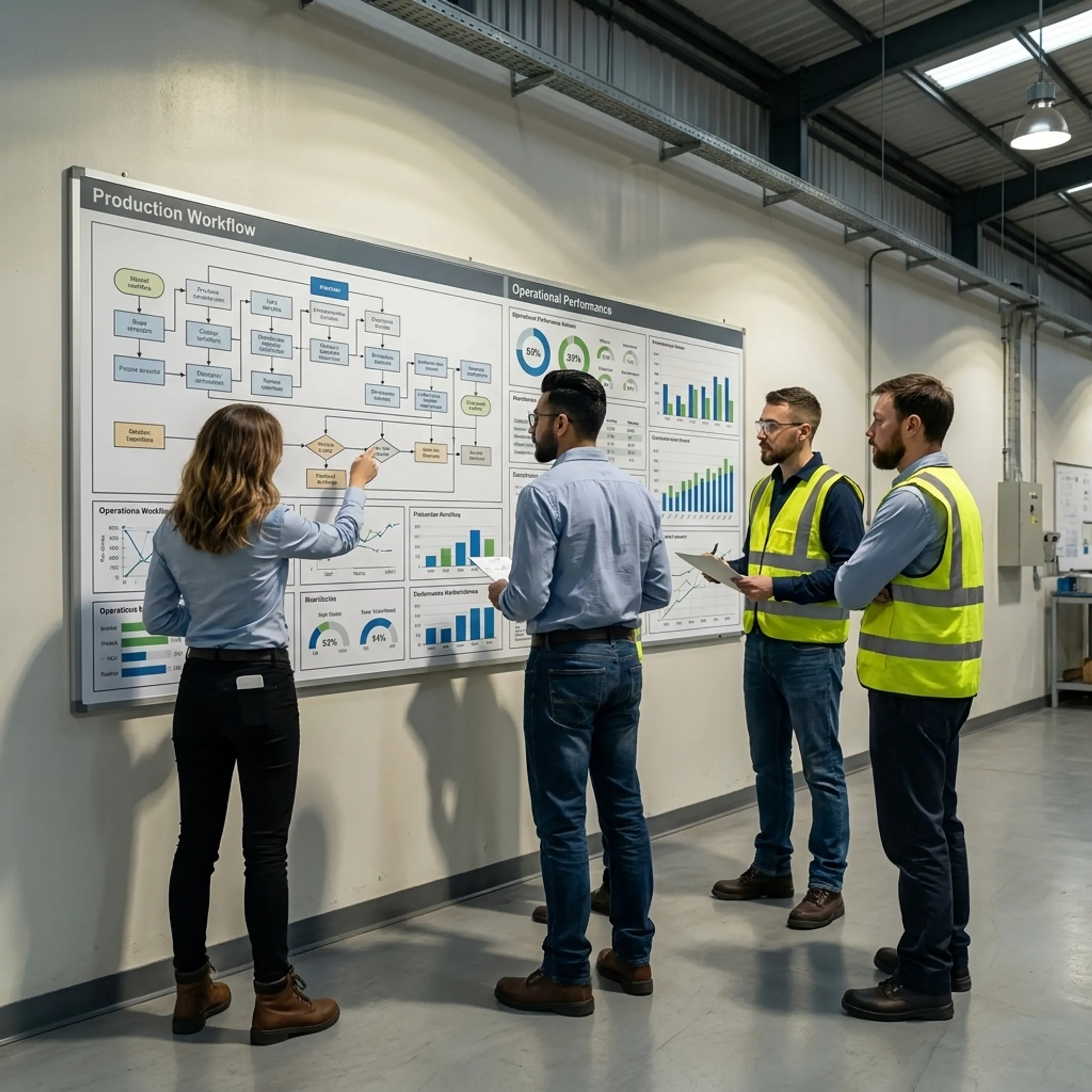Industrial workers reviewing lean manufacturing workflow metrics