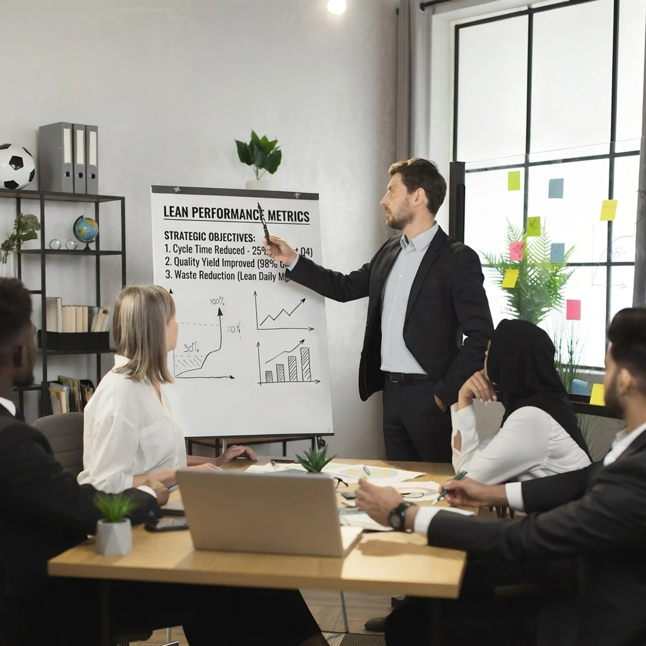Senior executive presenting continuous improvement metrics during a team workshop