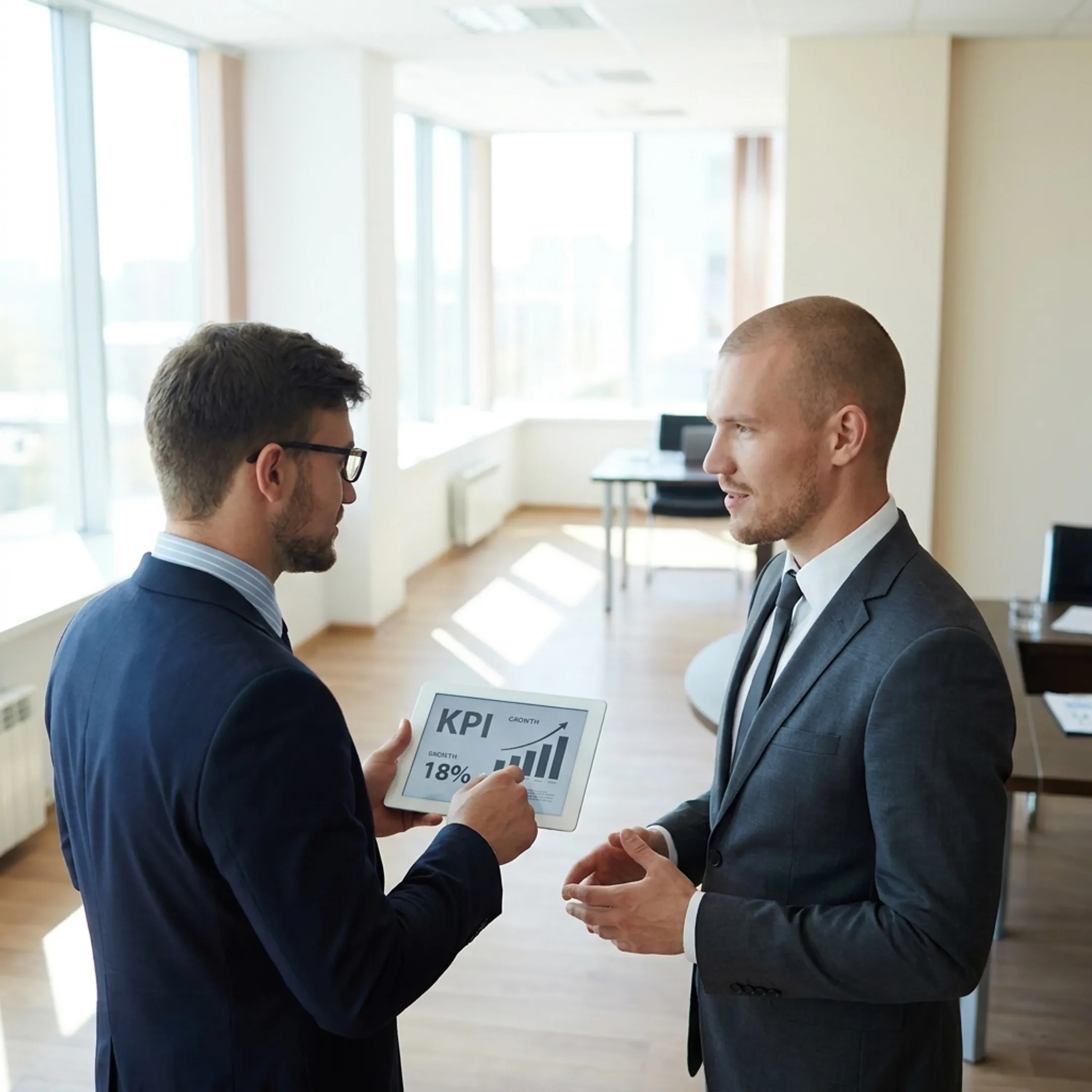 Senior executive reviewing continuous improvement metrics with advisor