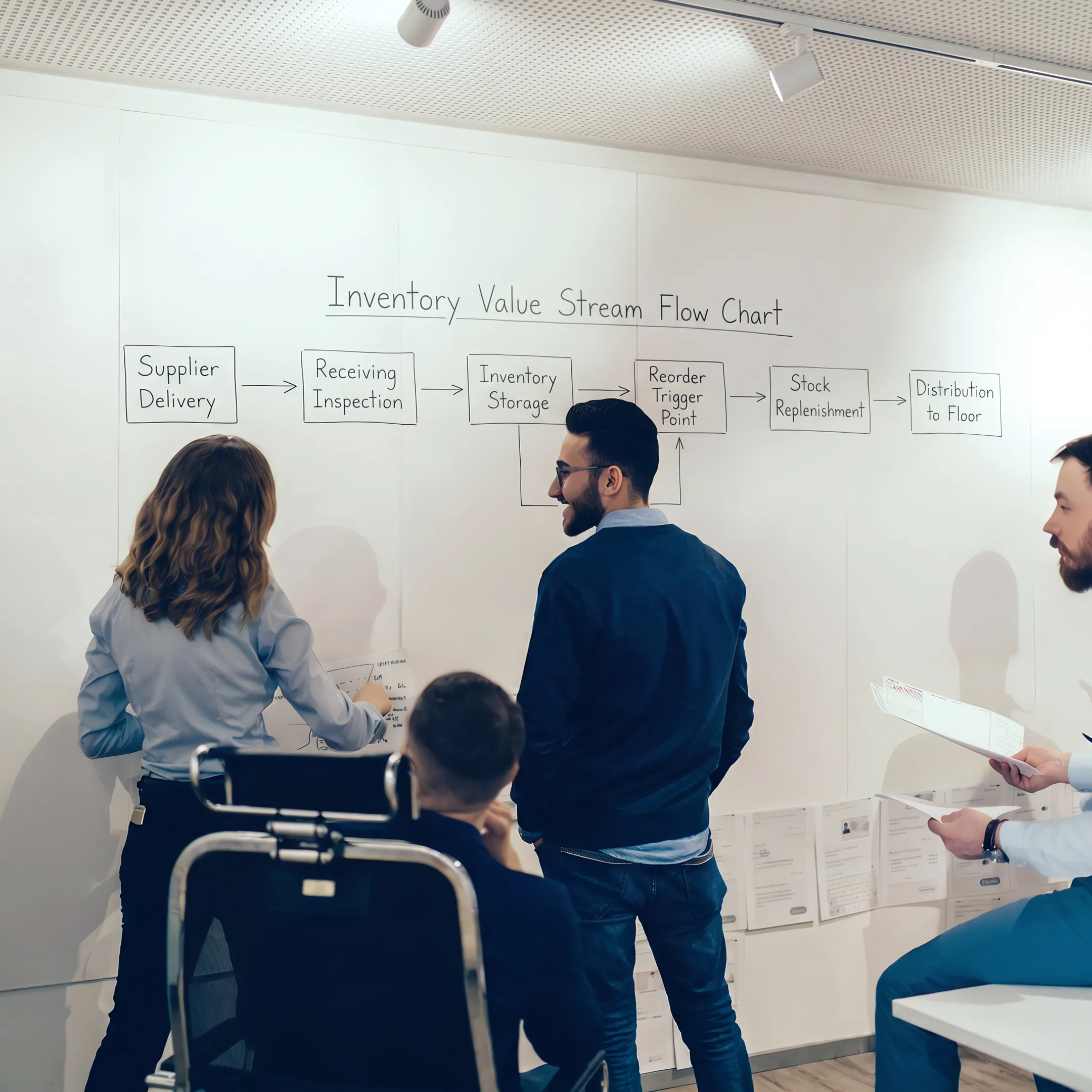Supply chain team mapping lean inventory workflow processes on a glass board.