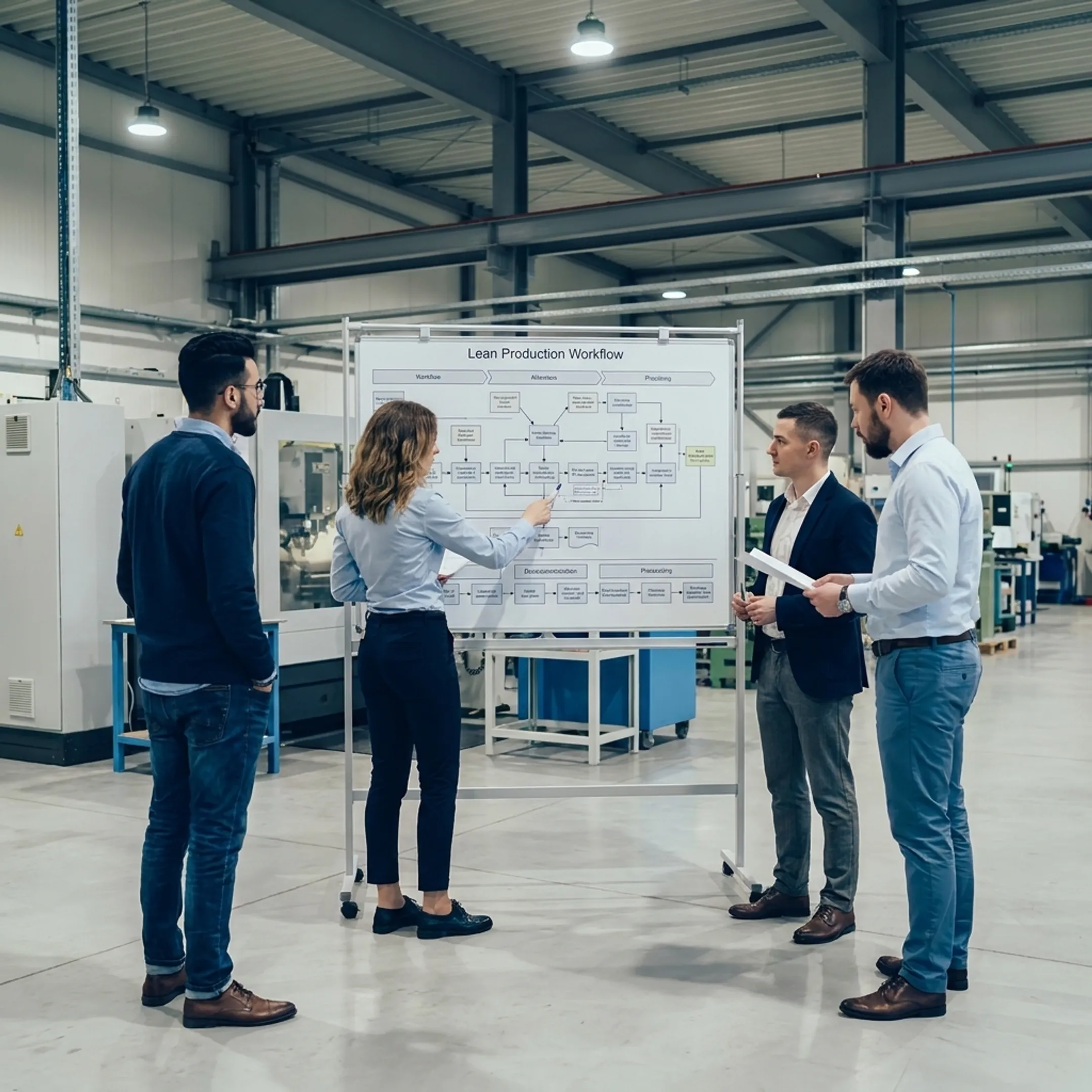 Production managers reviewing lean manufacturing workflows in an industrial plant