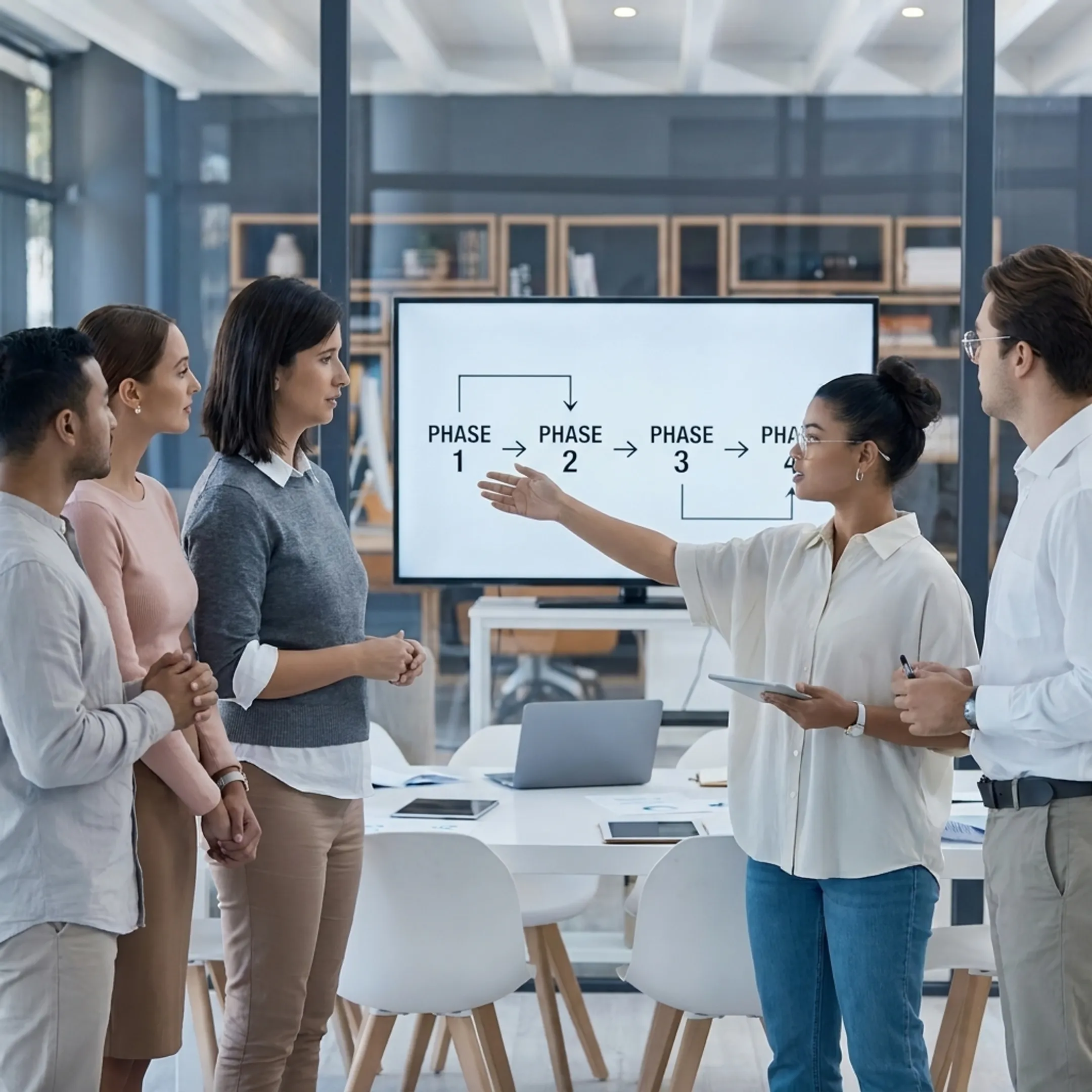 Instructor presenting a structured five-step workflow management curriculum to professionals
