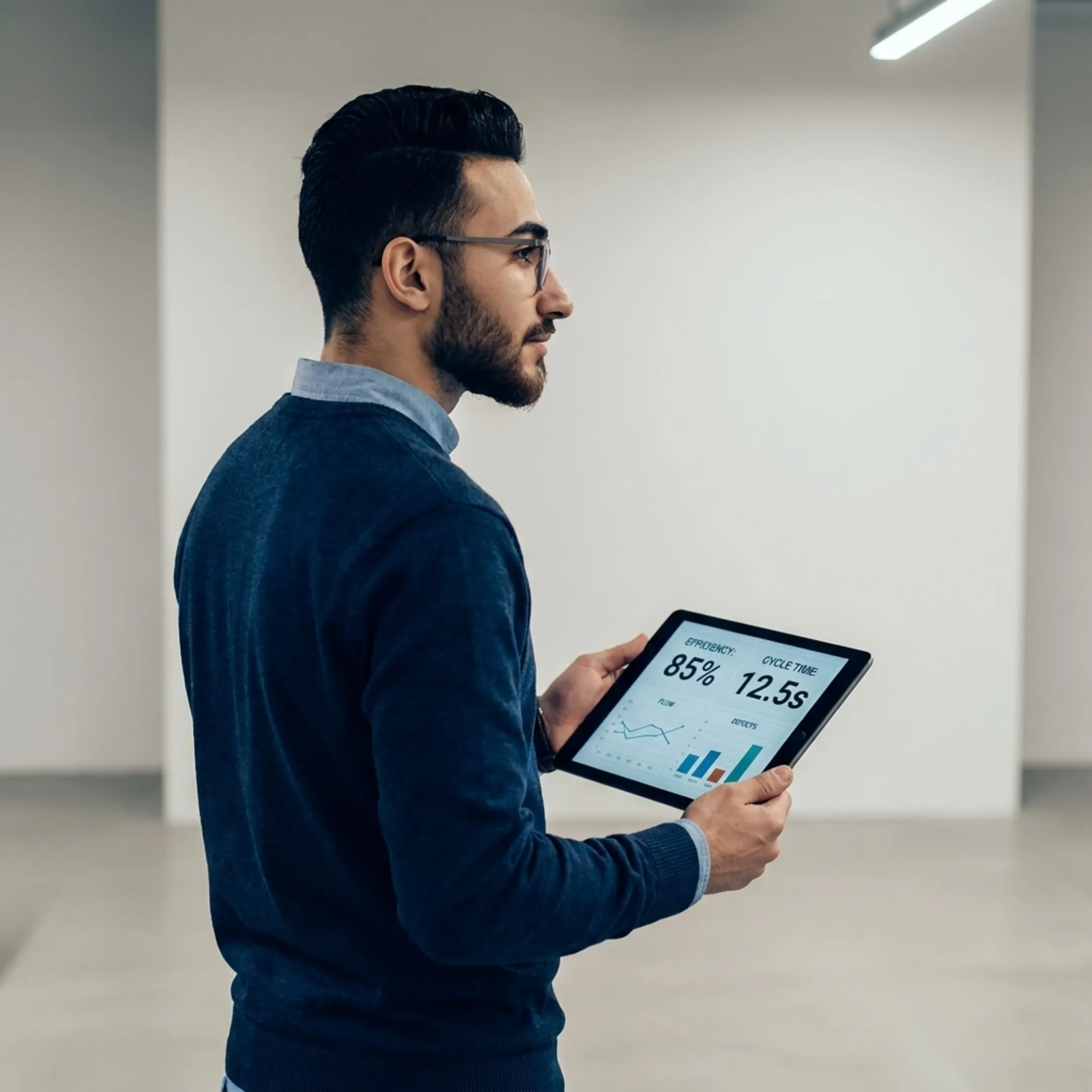 Continuous improvement manager analyzing process data on a digital tablet