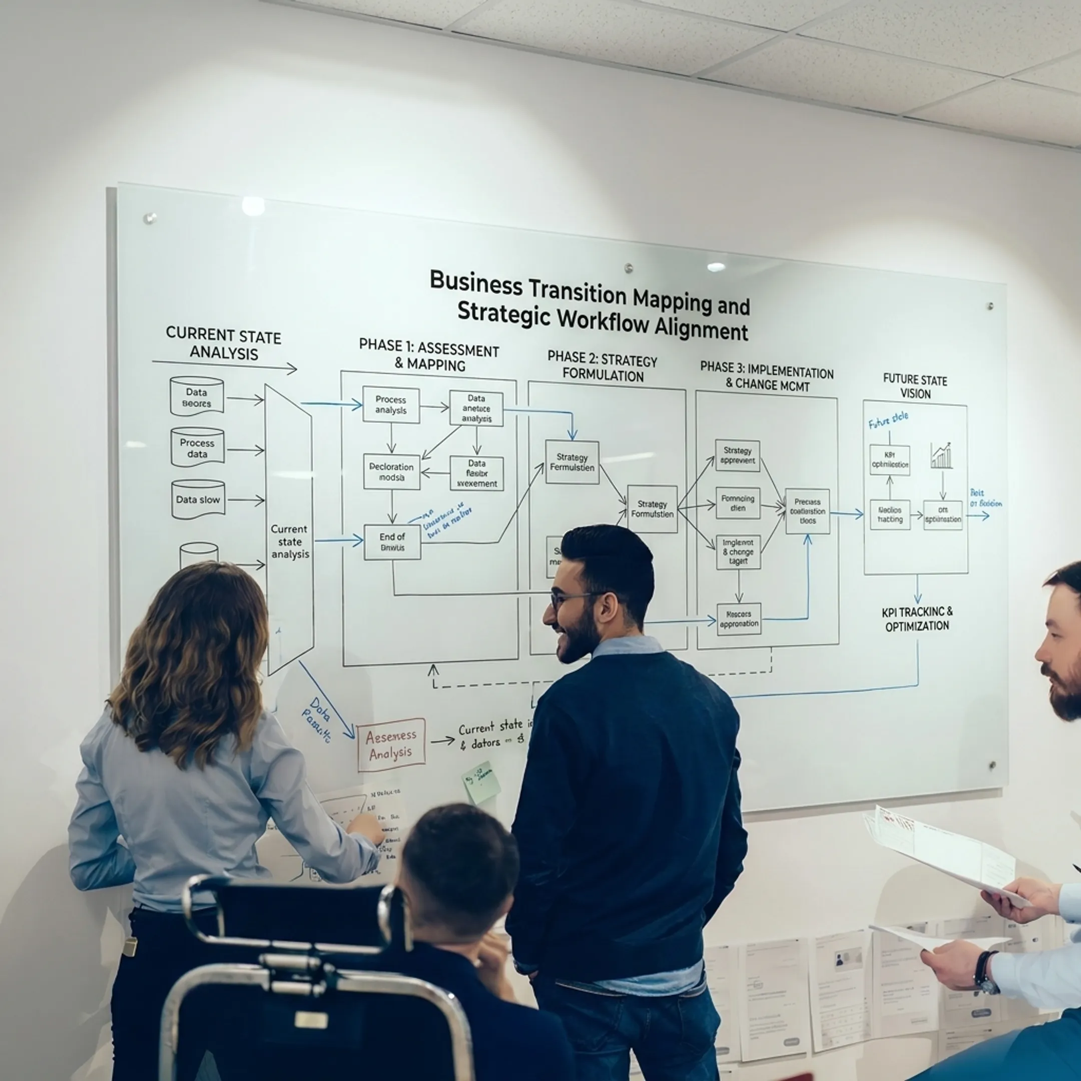 Business transition advisors analyzing operational workflow diagrams