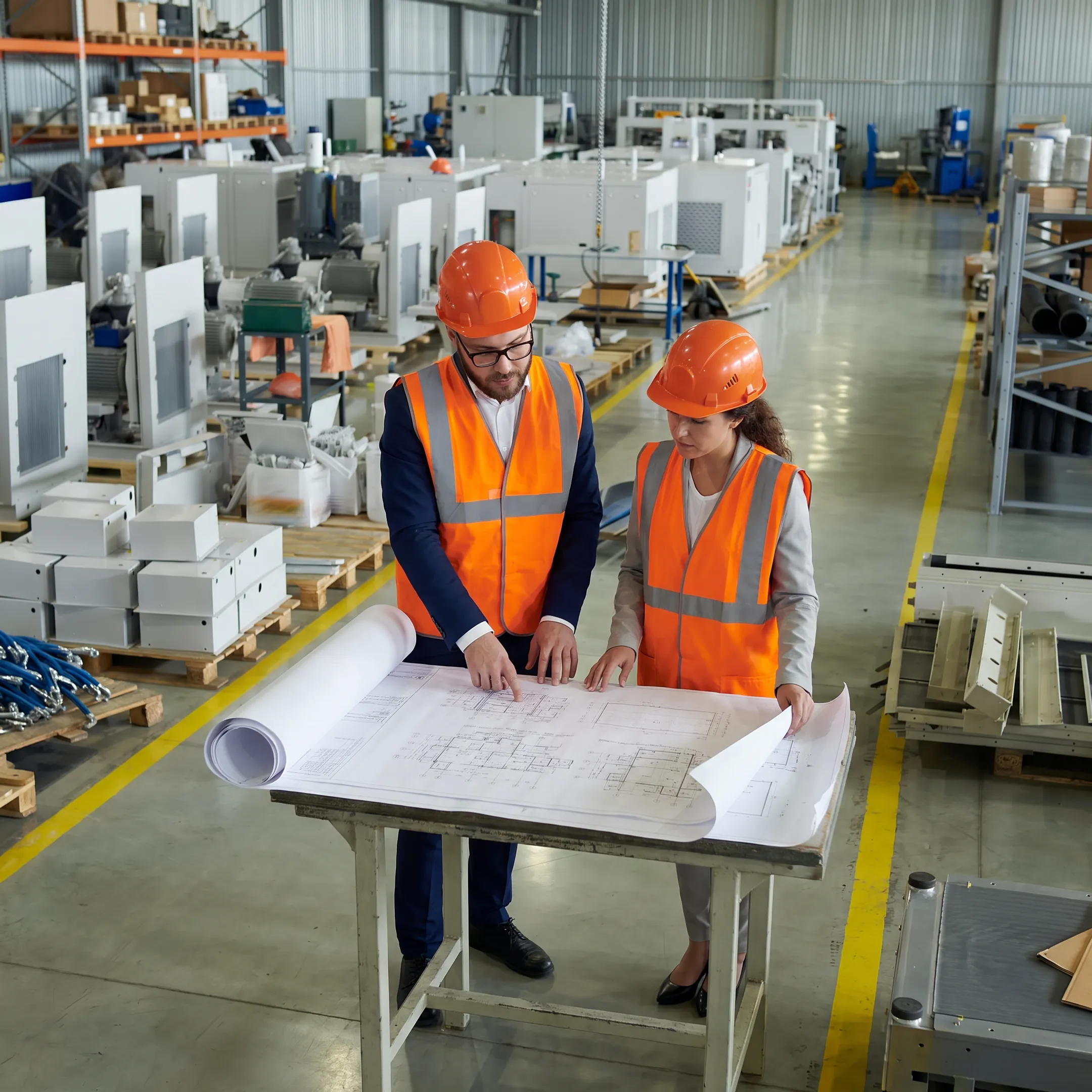 Industrial engineers discussing lean manufacturing floor improvements in an active factory