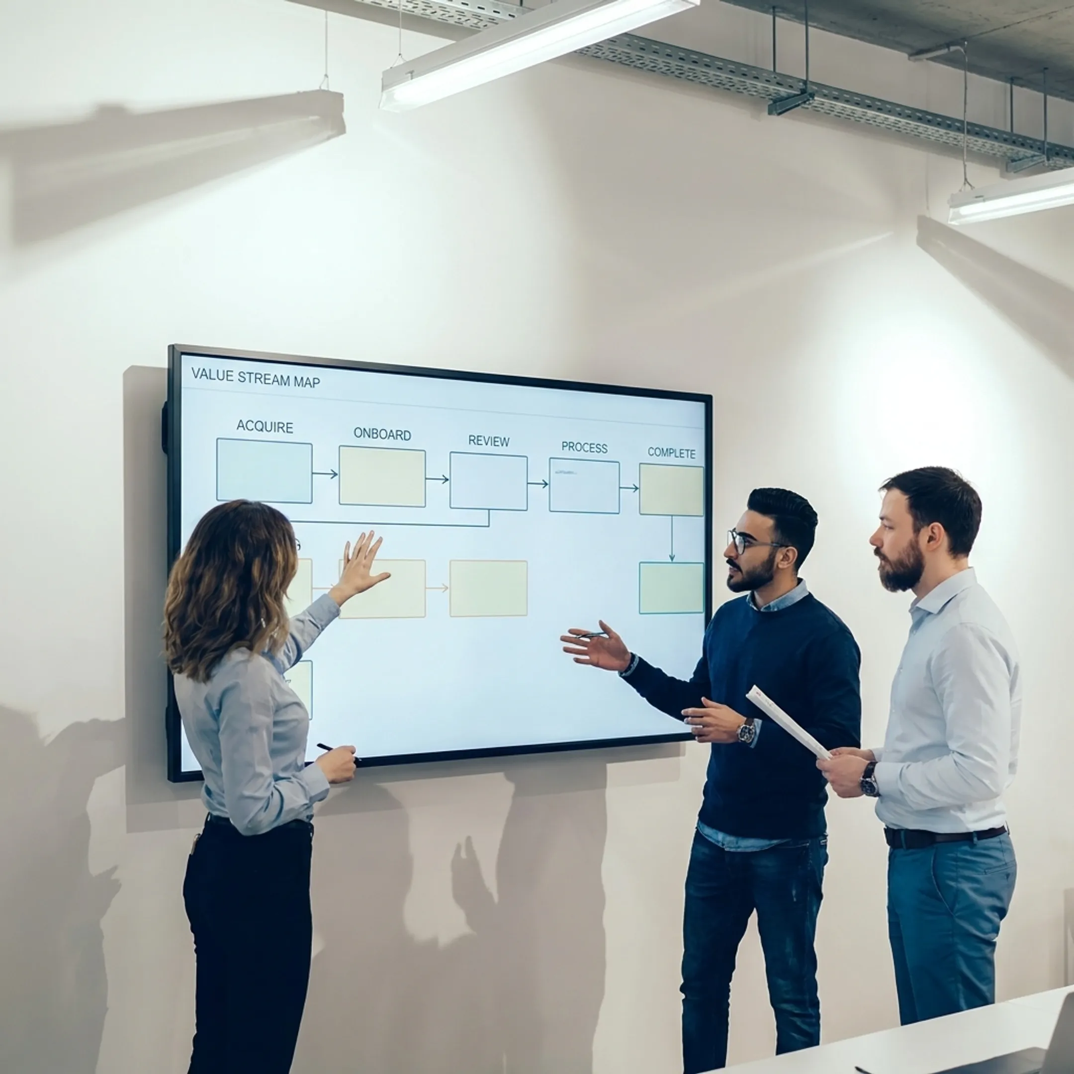 Consultants collaborating with an operations team on process improvement workflows