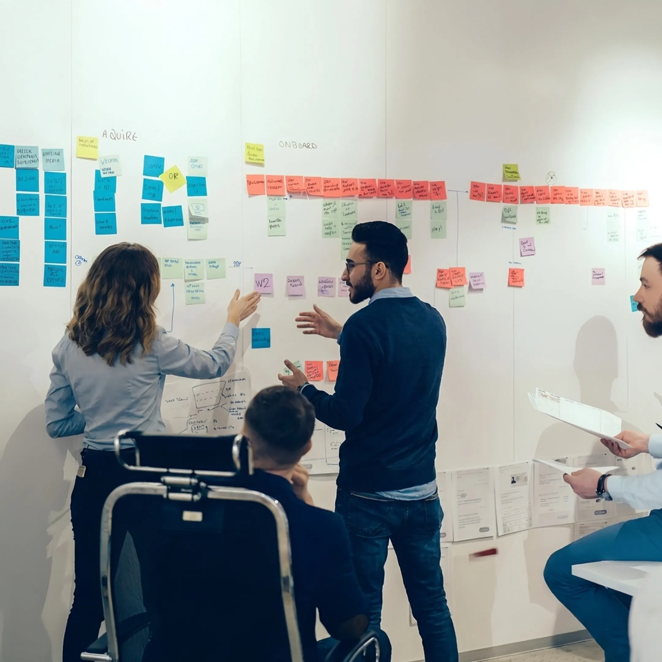 Consultant facilitating a process optimization workshop with team members collaborating around a whiteboard