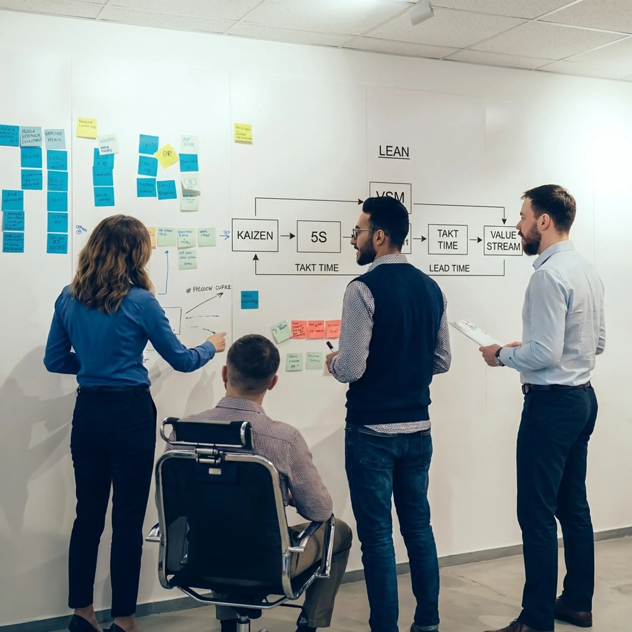 Supply chain advisory team conducting a value stream mapping workshop on-site.