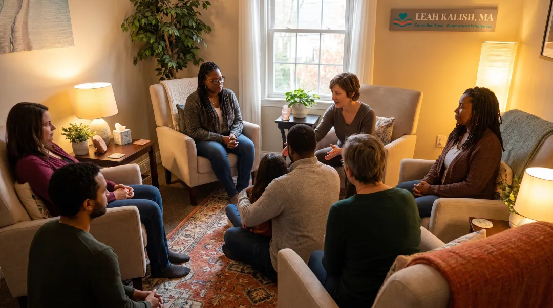 Family Constellation facilitators guiding client session in warm therapy space