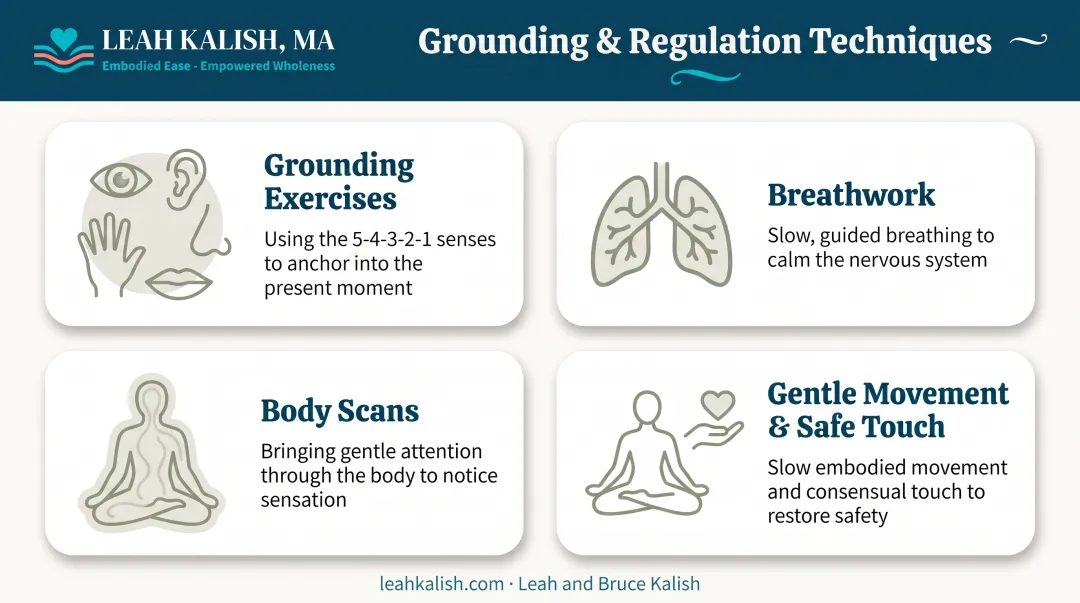 Somatic grounding toolkit showing breathwork body scan and movement techniques