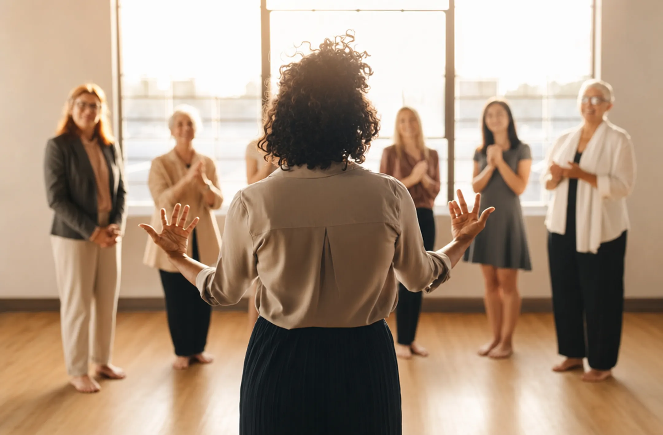 Group therapy participants standing in circle representing family constellation session