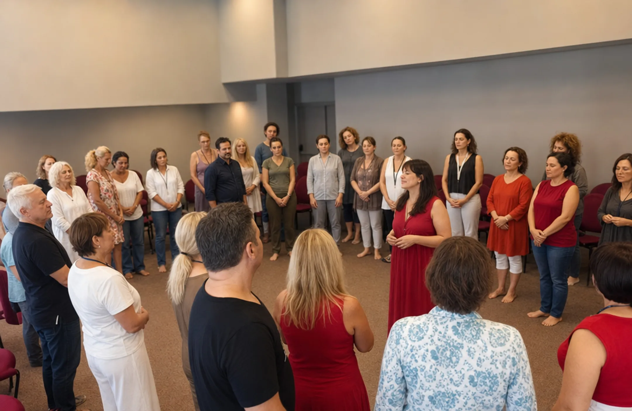 Group Family Constellation workshop session with participants standing as representatives