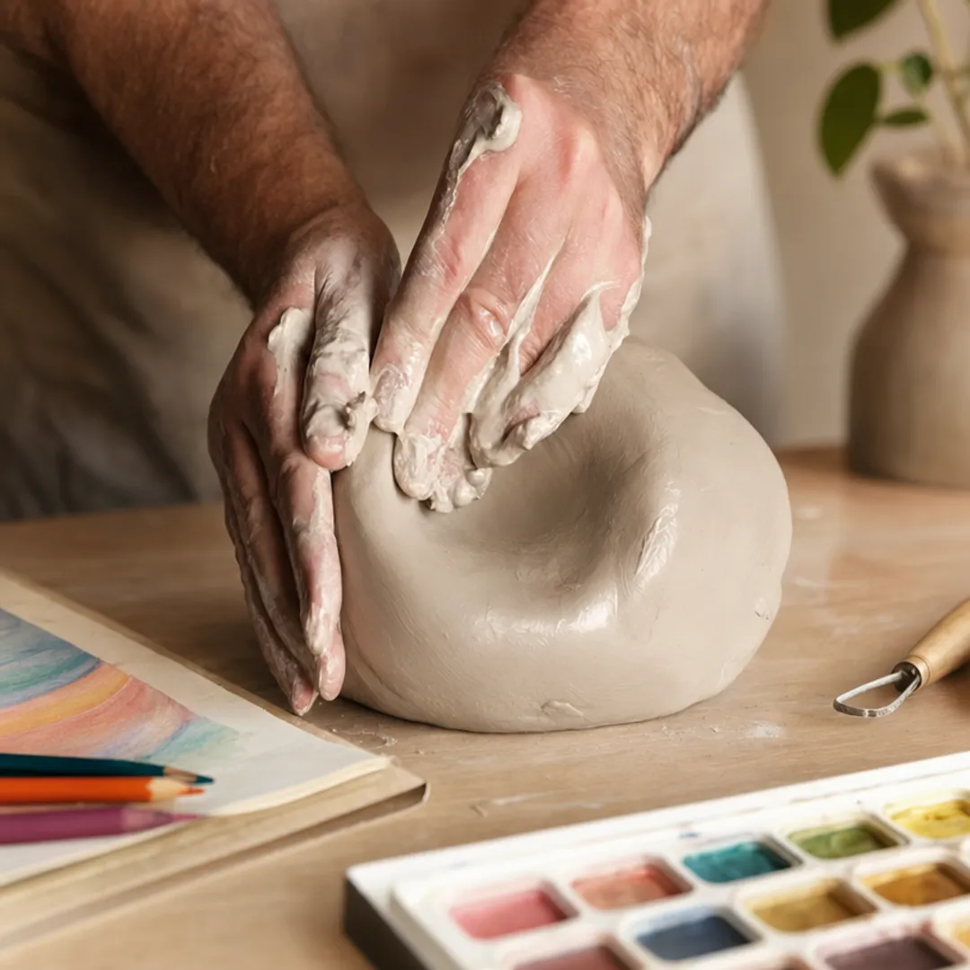 Therapy client using clay sculpting for somatic grounding exercise
