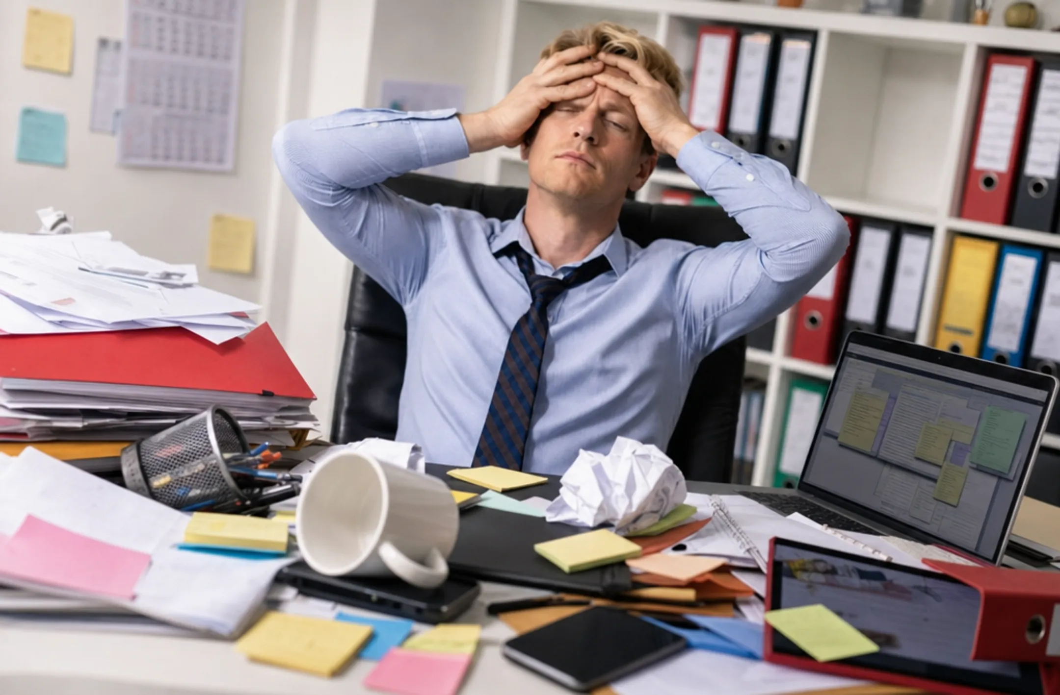 Adult professional appearing distracted and overwhelmed at cluttered office desk