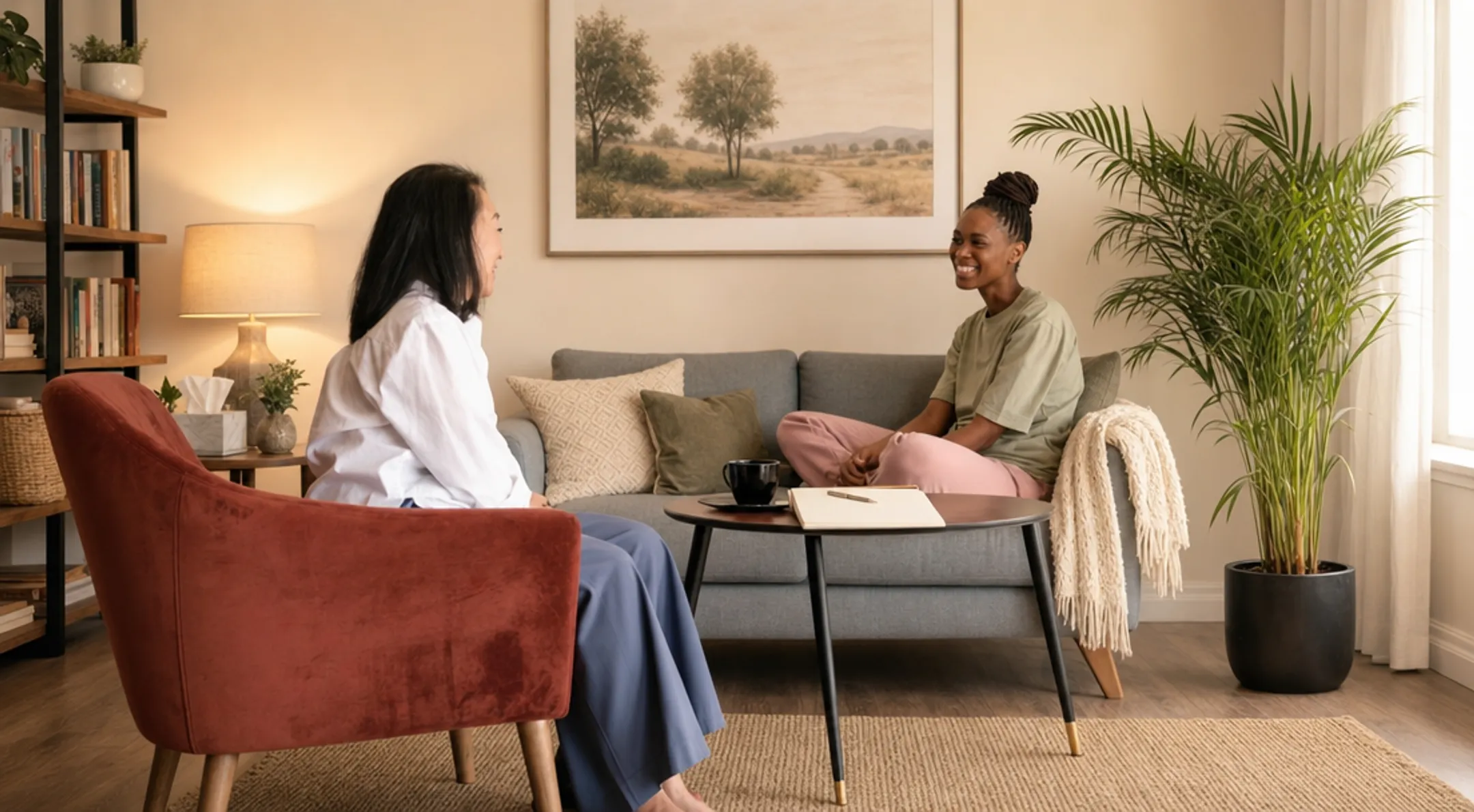 Therapist and client in calm collaborative first therapy session