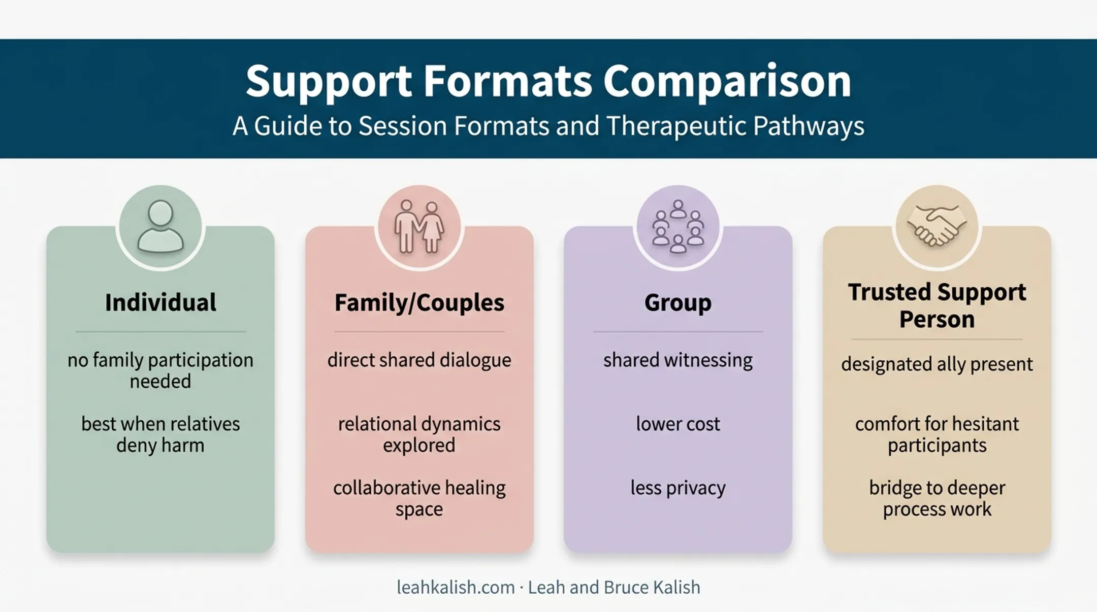 Individual family couples and group therapy format comparison infographic