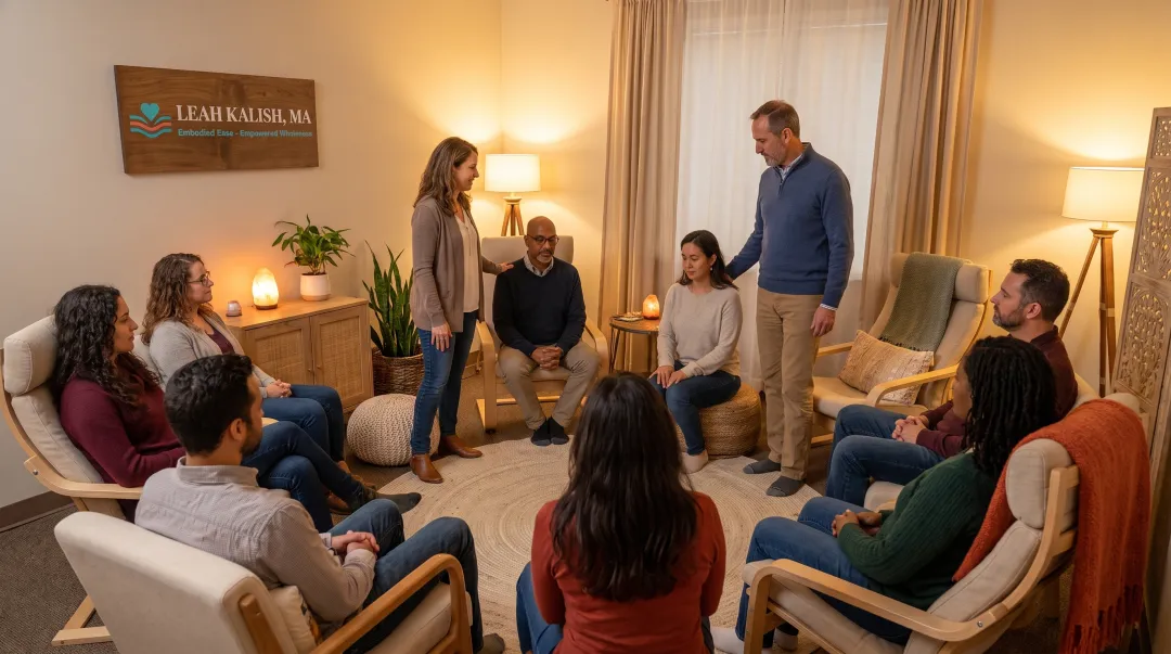 Family Constellation facilitators guiding a therapeutic group session setting