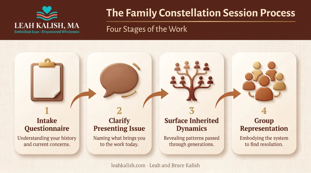 Family constellation therapy session workflow from intake to systemic pattern discovery