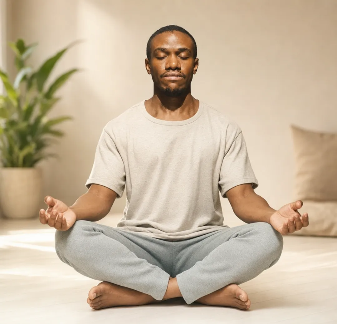 Person practicing grounding breathwork techniques during somatic therapy session