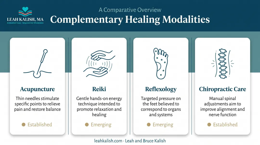 Four energy and body-based therapy types acupuncture reiki reflexology chiropractic comparison