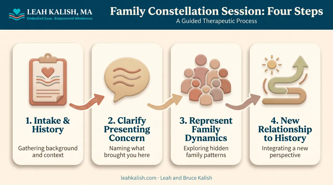 Family Constellation therapy session process four-step workflow diagram