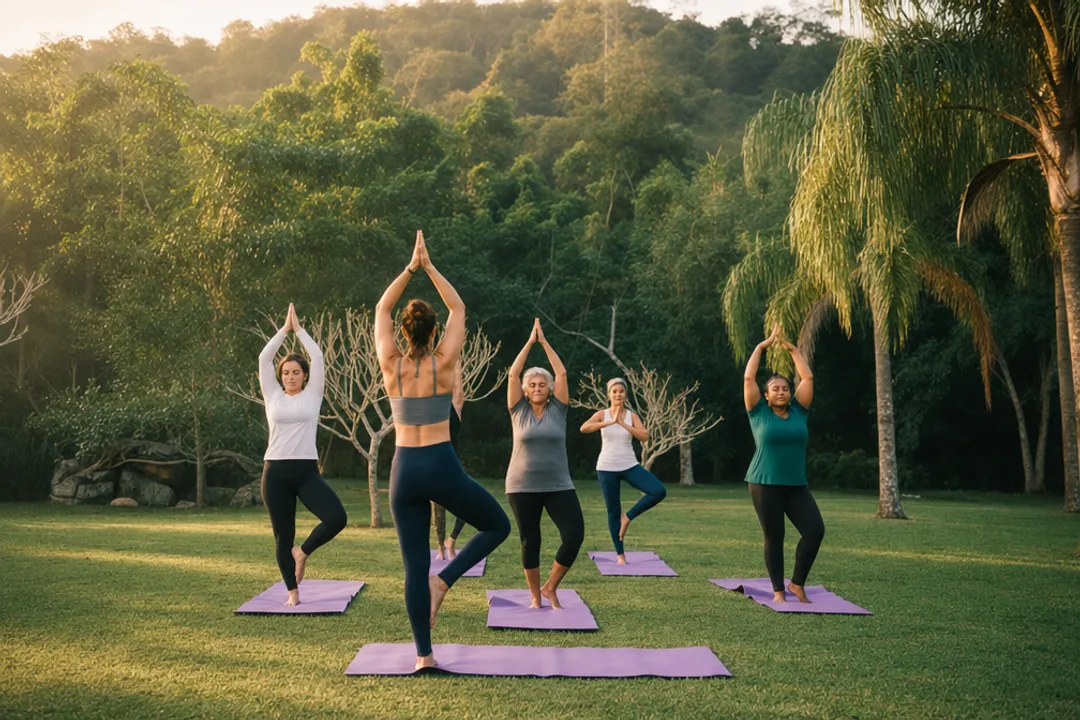 Group practicing yoga and tai chi in outdoor wellness setting