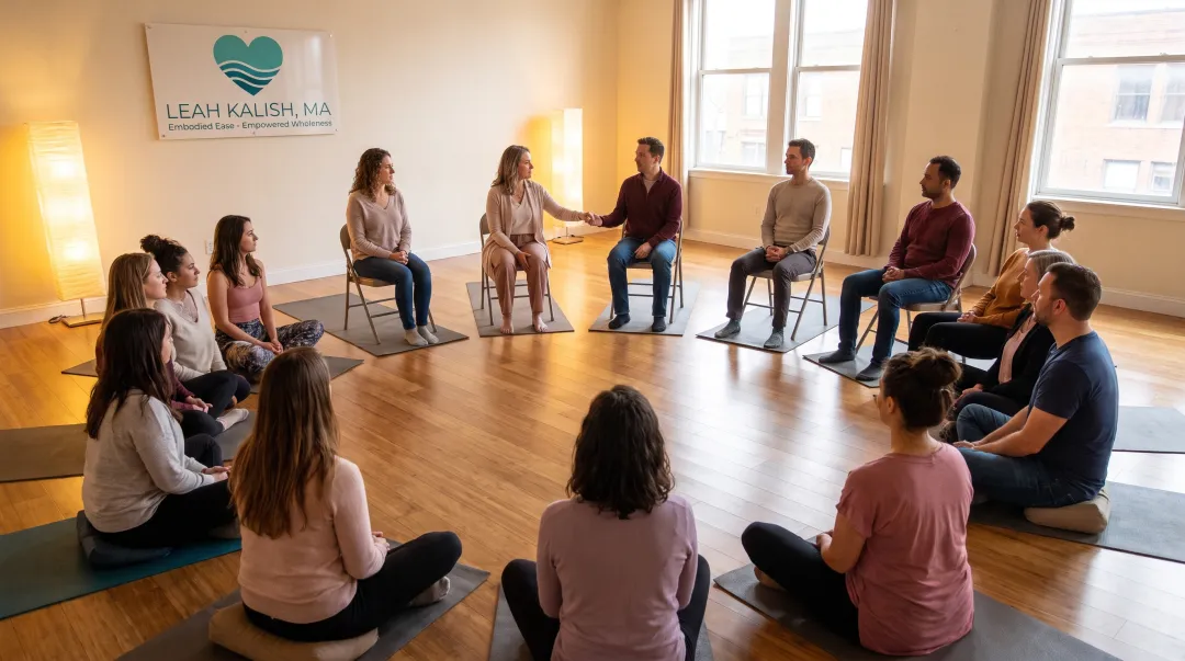 Family constellation facilitators guiding a group session in warm studio setting