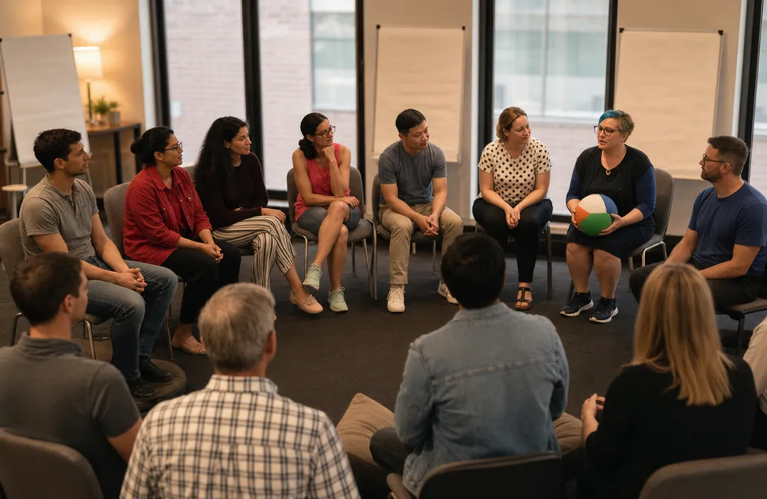 Group therapy workshop participants seated in circle formation