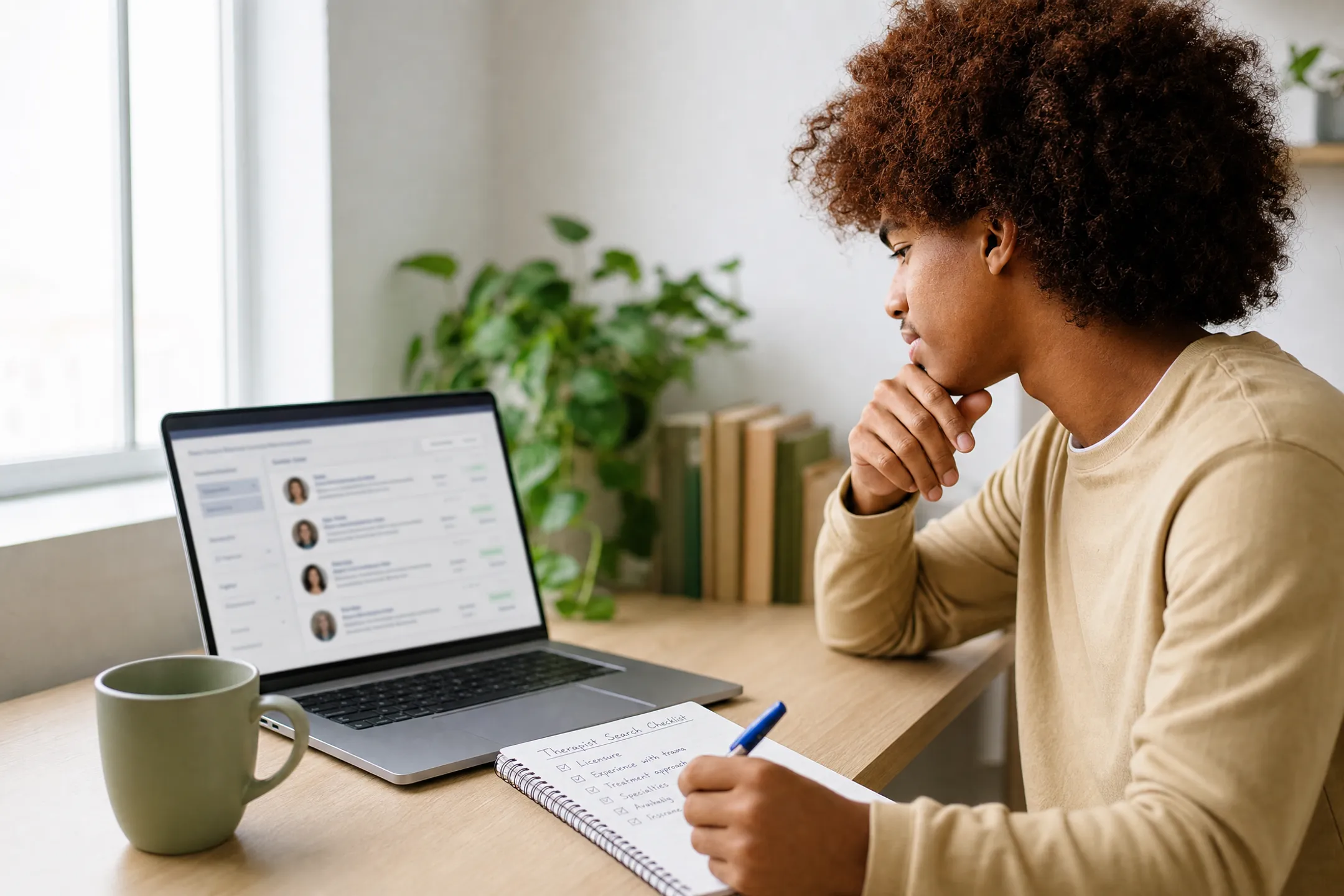 Person researching therapist credentials and treatment options on laptop