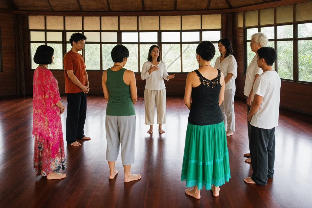 Family constellation therapy group session with participants standing in circle