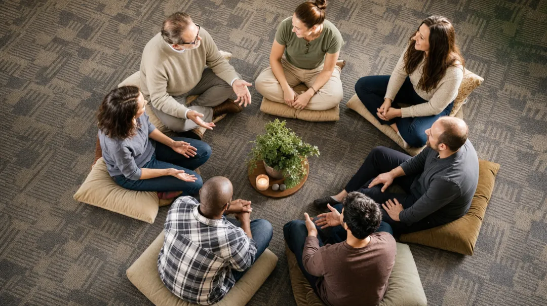 Group Family Constellation therapy workshop with participants seated in circle