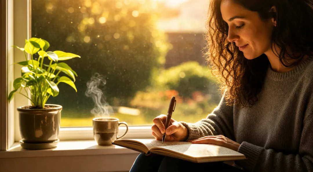 Person journaling emotions during quiet reflective anger processing session