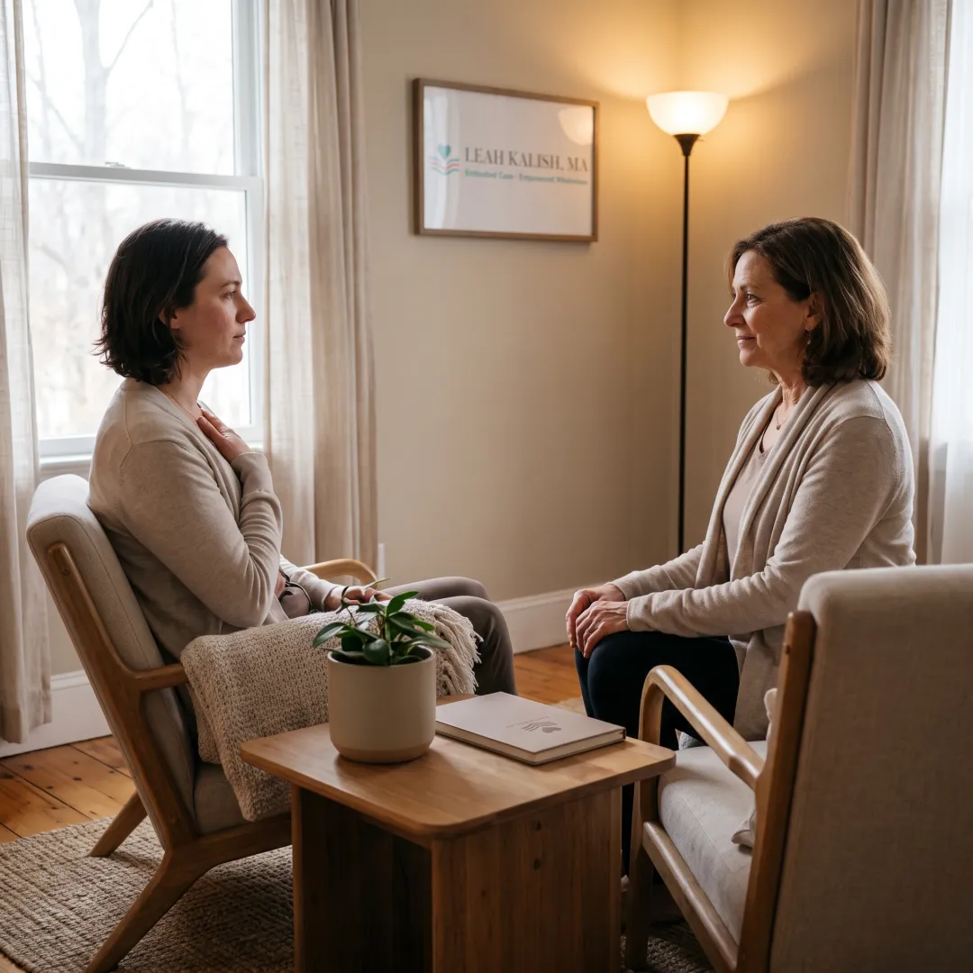 Practitioner offering calm body-based trauma support