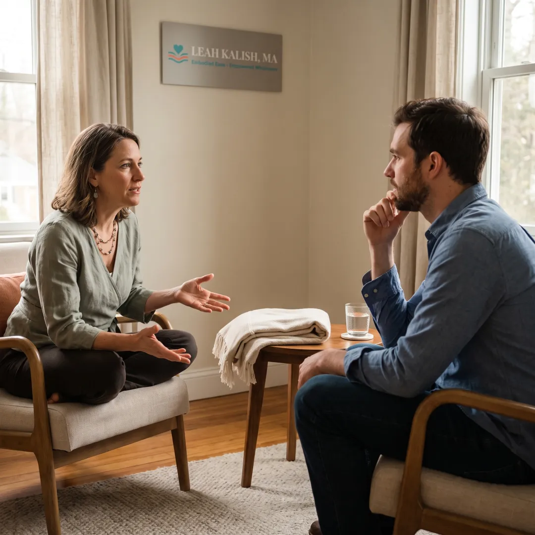 Facilitator speaking with a client in a peaceful session room