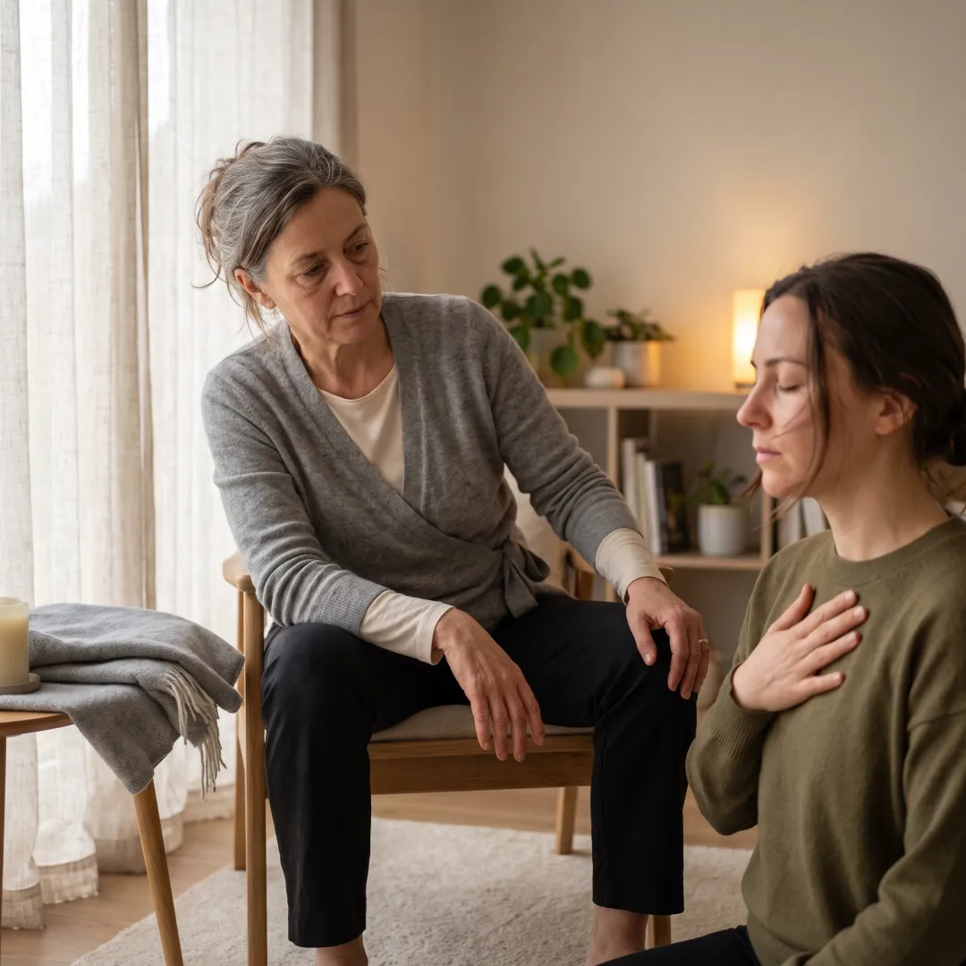 Practitioner supporting a client in a calming body-awareness exercise