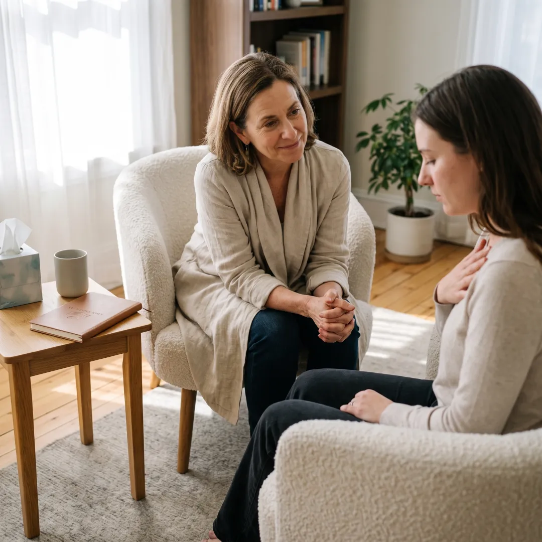 Practitioner supporting a client during a somatic session