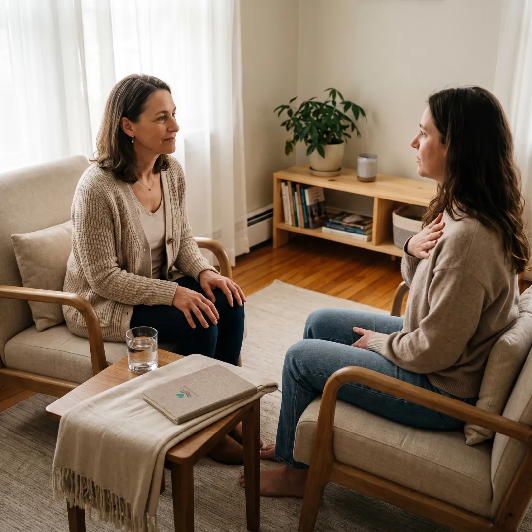Practitioner and client in a calm somatic coaching session